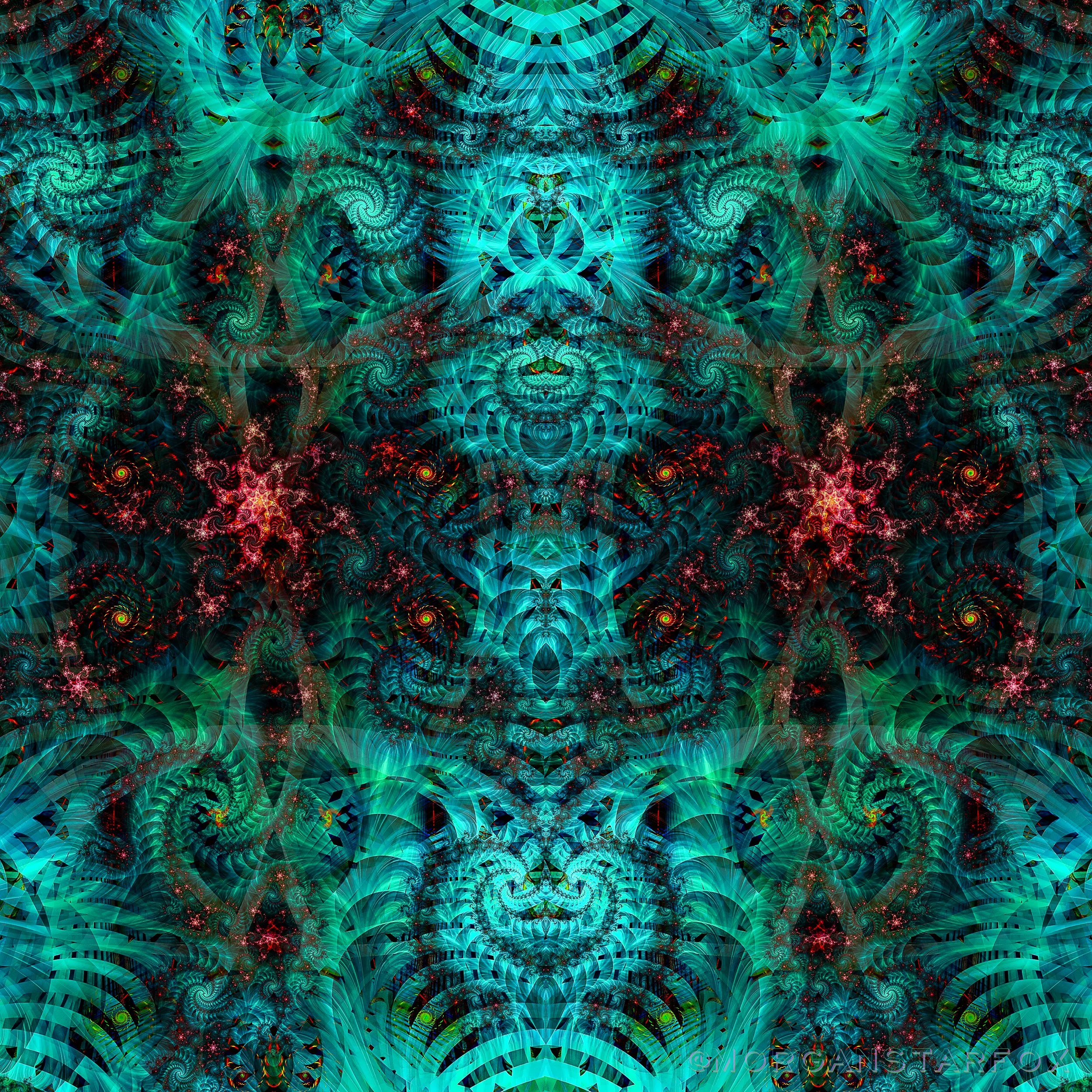 A digital fractal art image with swirling patterns in shades of blue, teal, and green, accented by small red and pink star-like details.