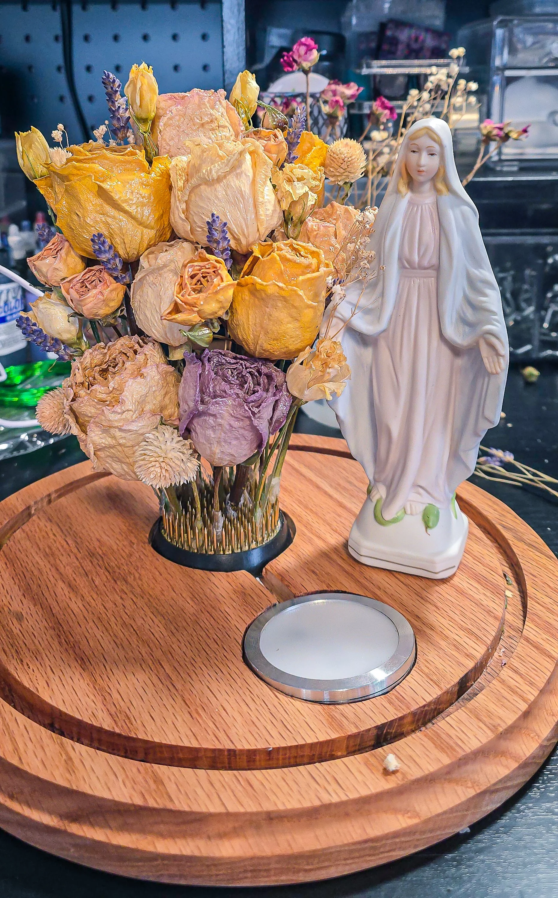 Mary was secured in place before creating the glowing garden around her.