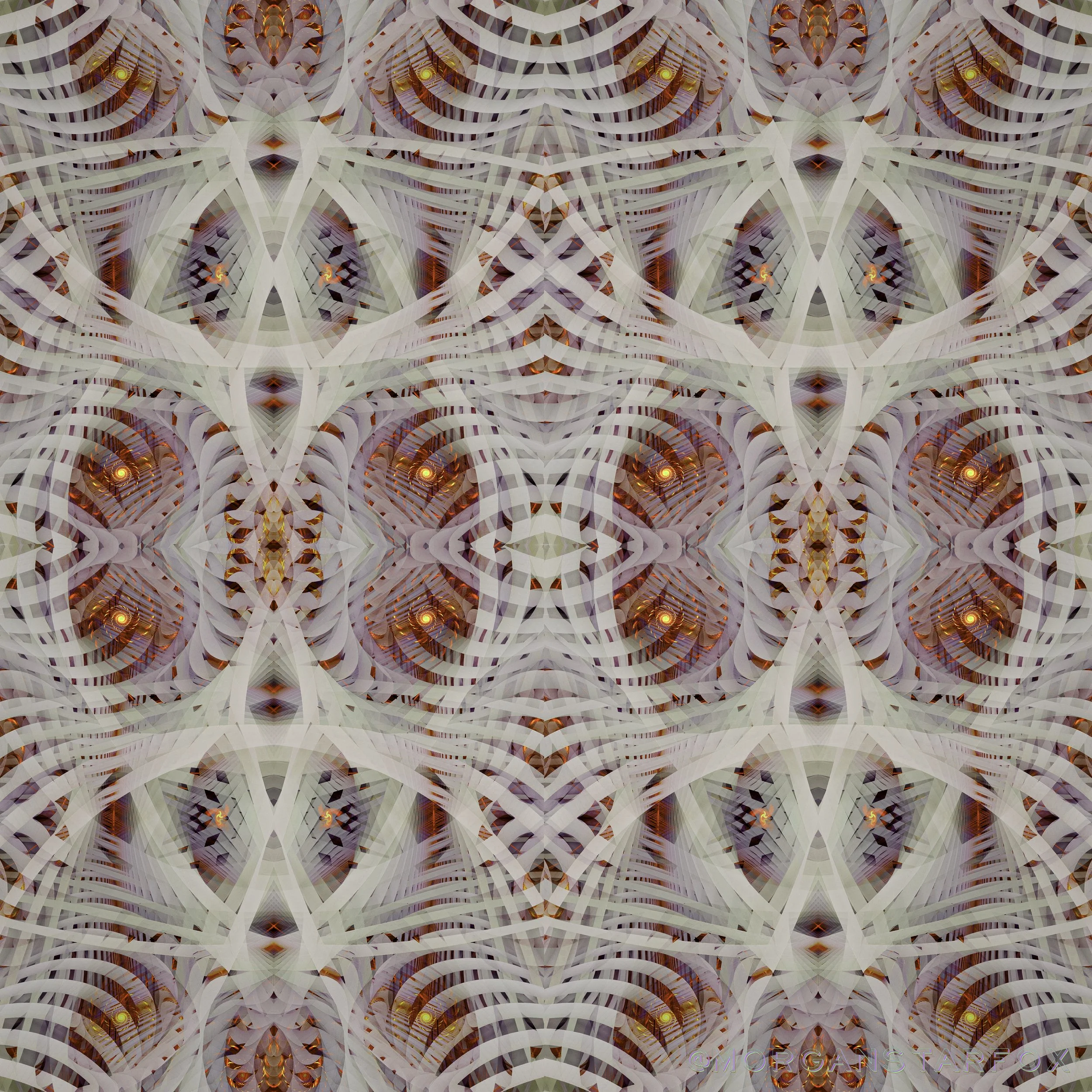 A complex, abstract digital artwork with interwoven white, pink, and red lines creating symmetrical, hypnotic geometric patterns with glowing orange and yellow accents.