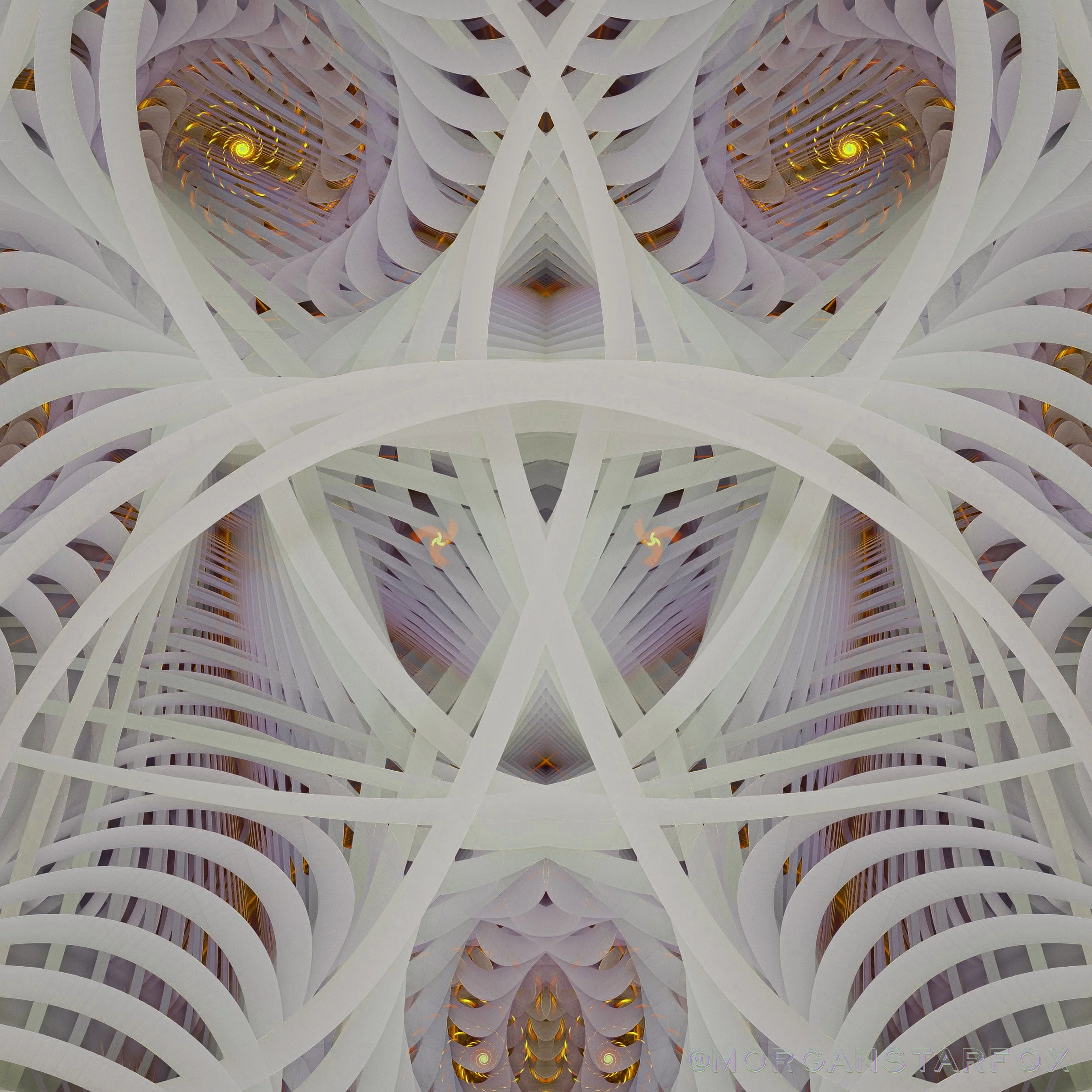 Abstract architectural structure with white curved beams forming spiral and circular patterns, illuminated with orange and red lighting.