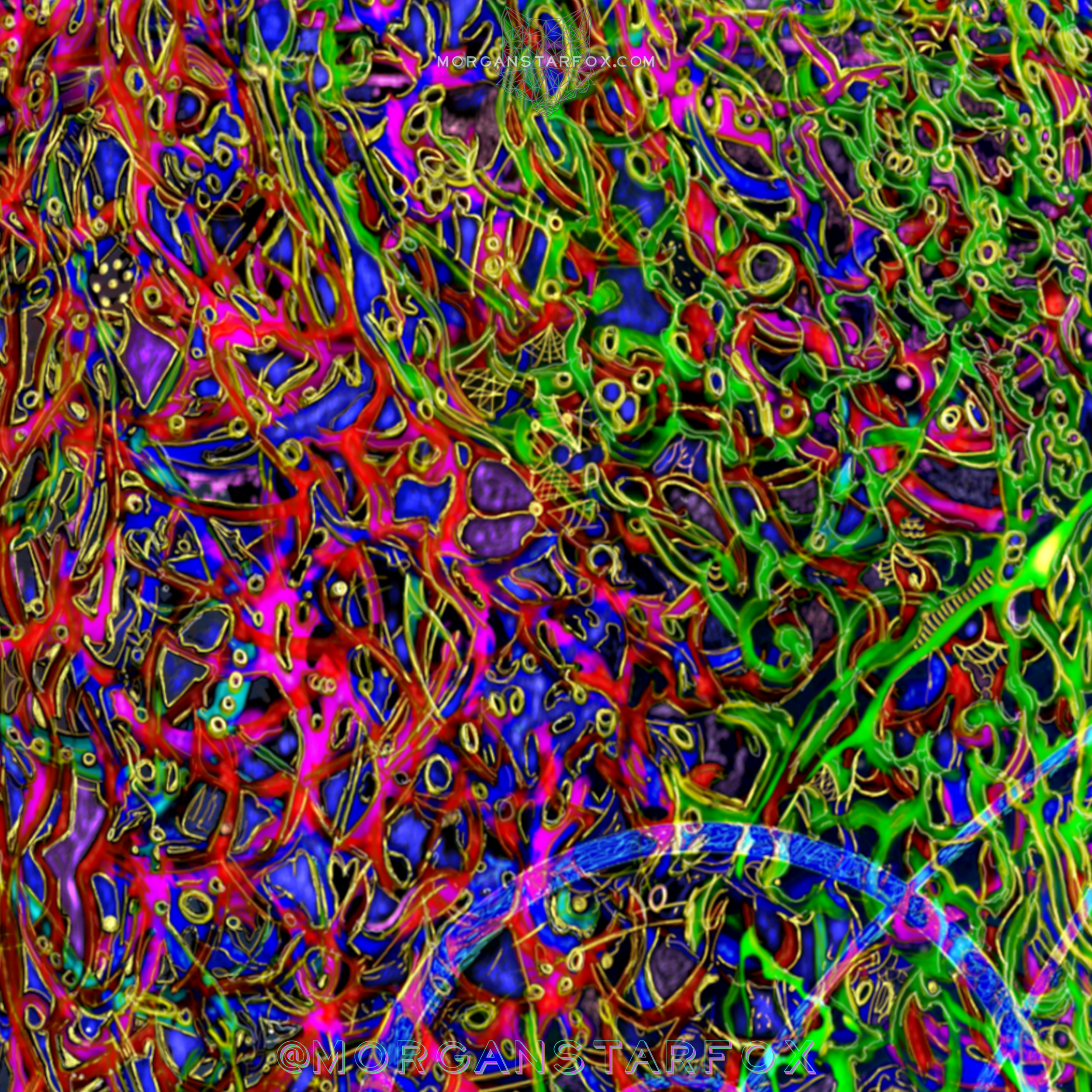 An abstract digital artwork with vibrant multicolored lines, loops, and shapes creating a complex, chaotic pattern.