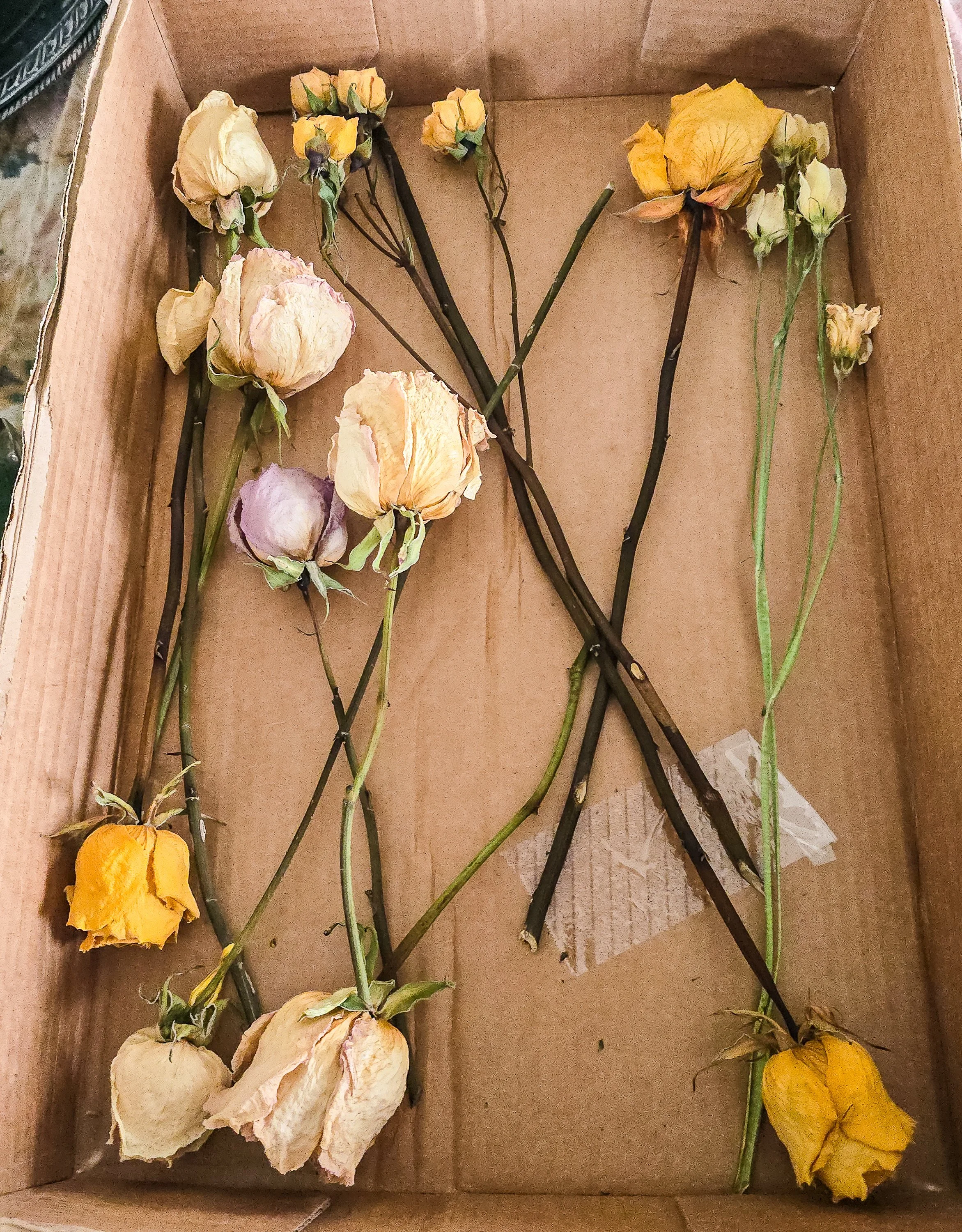 The dried flowers from her beautiful arrangement. Sealed with a clear coat and ready to honor her memory.