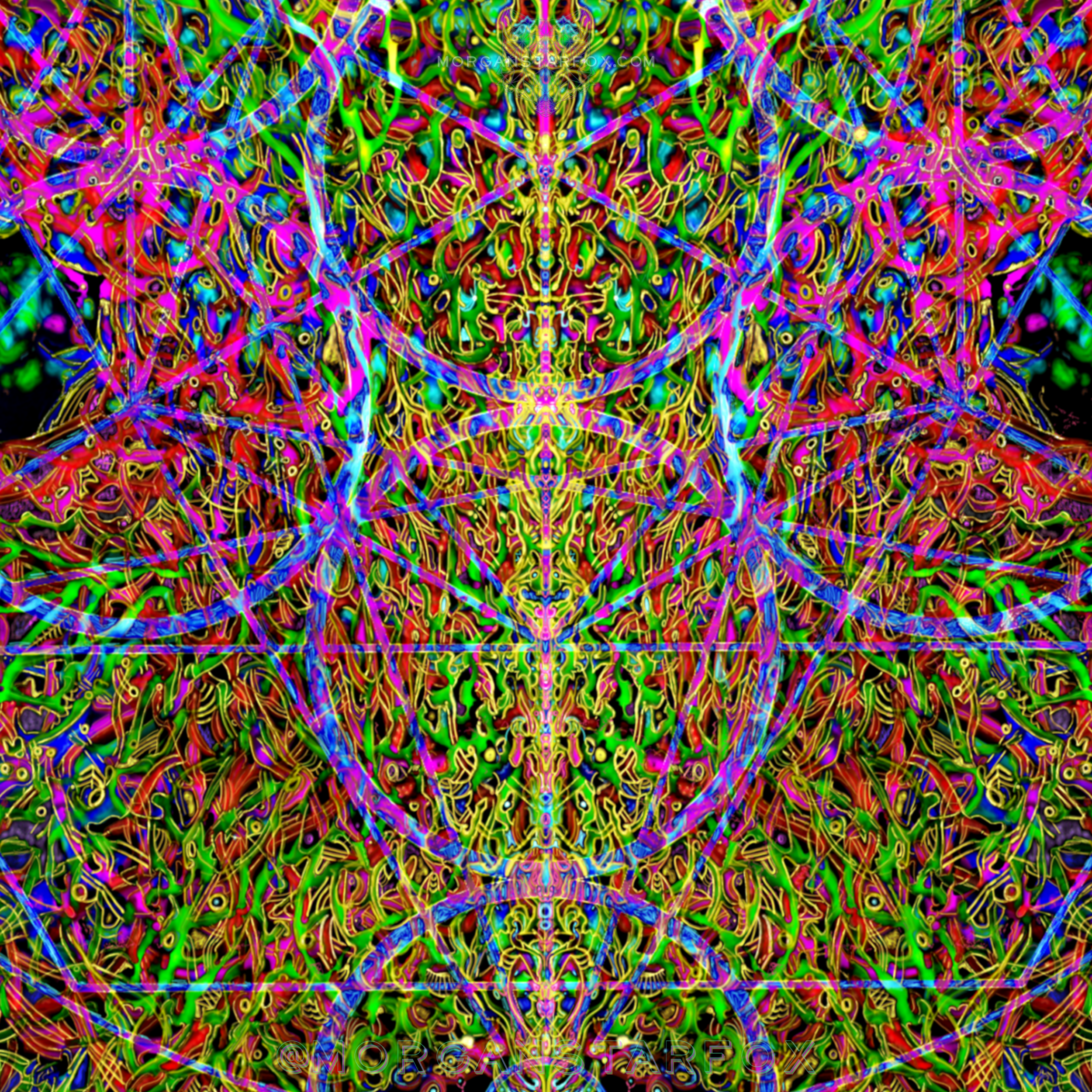 Digital artwork with intricate, colorful, kaleidoscopic patterns featuring neon pink, green, yellow, blue, and purple hues, creating a symmetrical, abstract design.