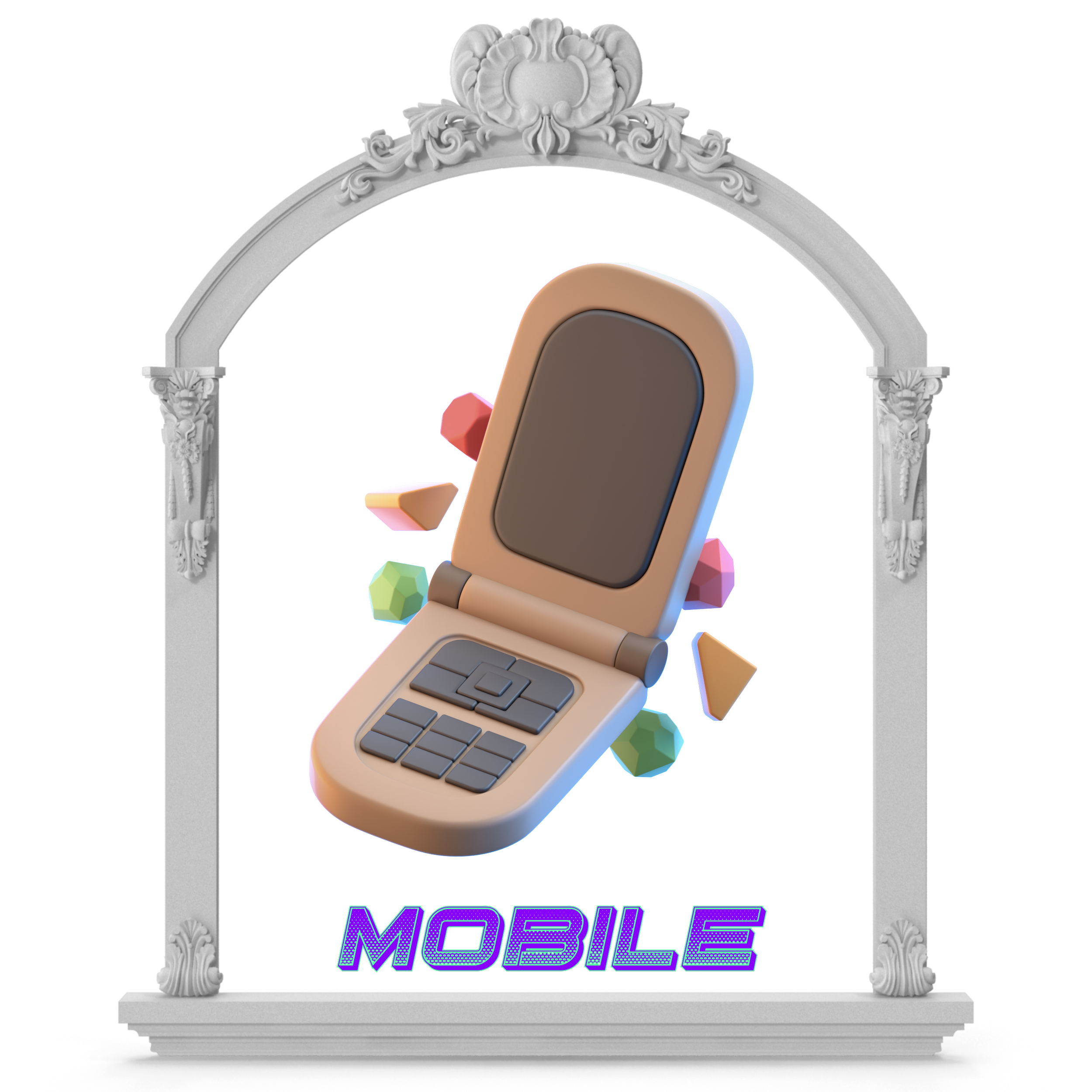 A decorative mirror frame with ornate carvings at the top and bottom, featuring a digital rendering of a laptop with neon text that says 'mobile'.
