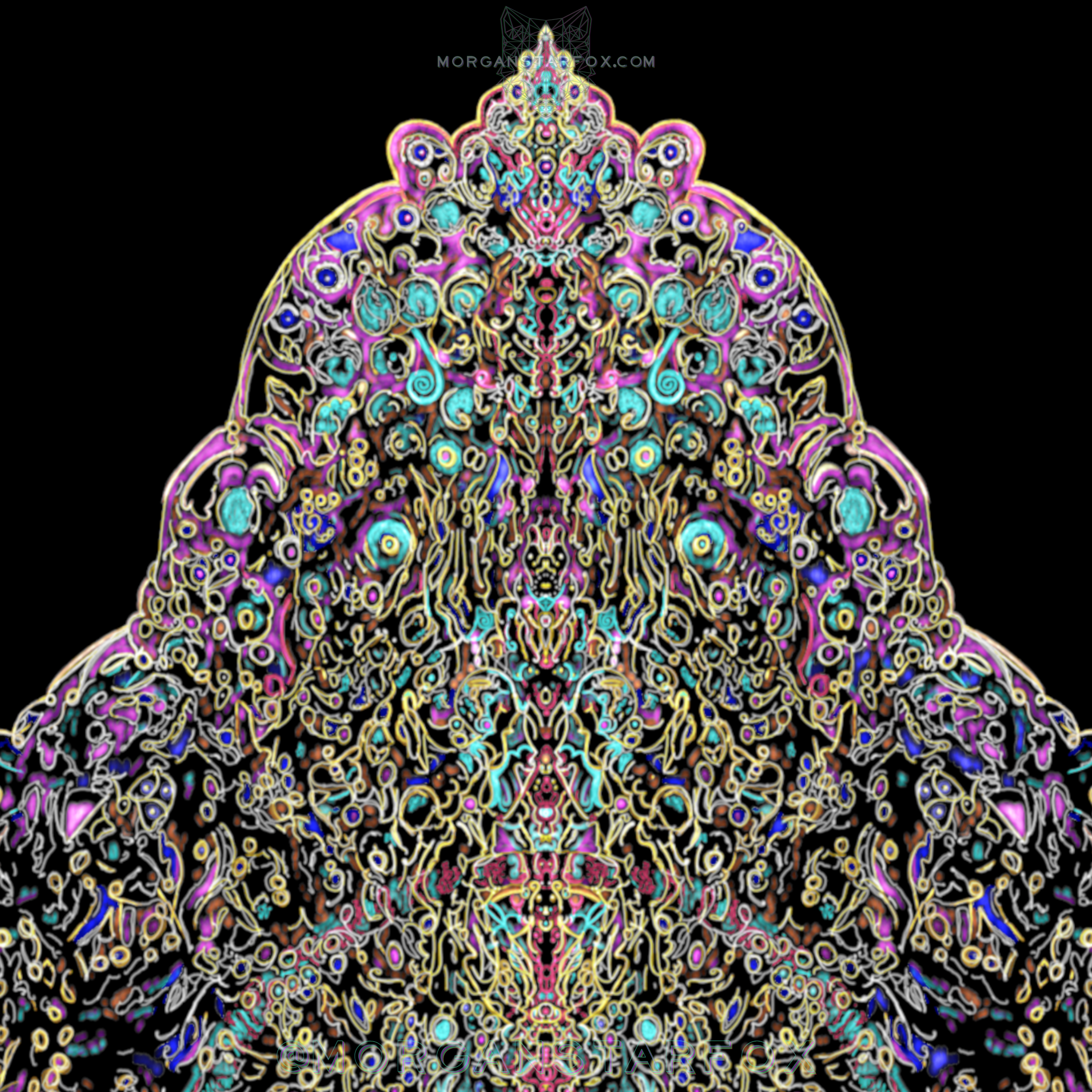 Intricately detailed, colorful digital artwork of an abstract, symmetrical pattern resembling a crown or headdress, displayed against a black background.