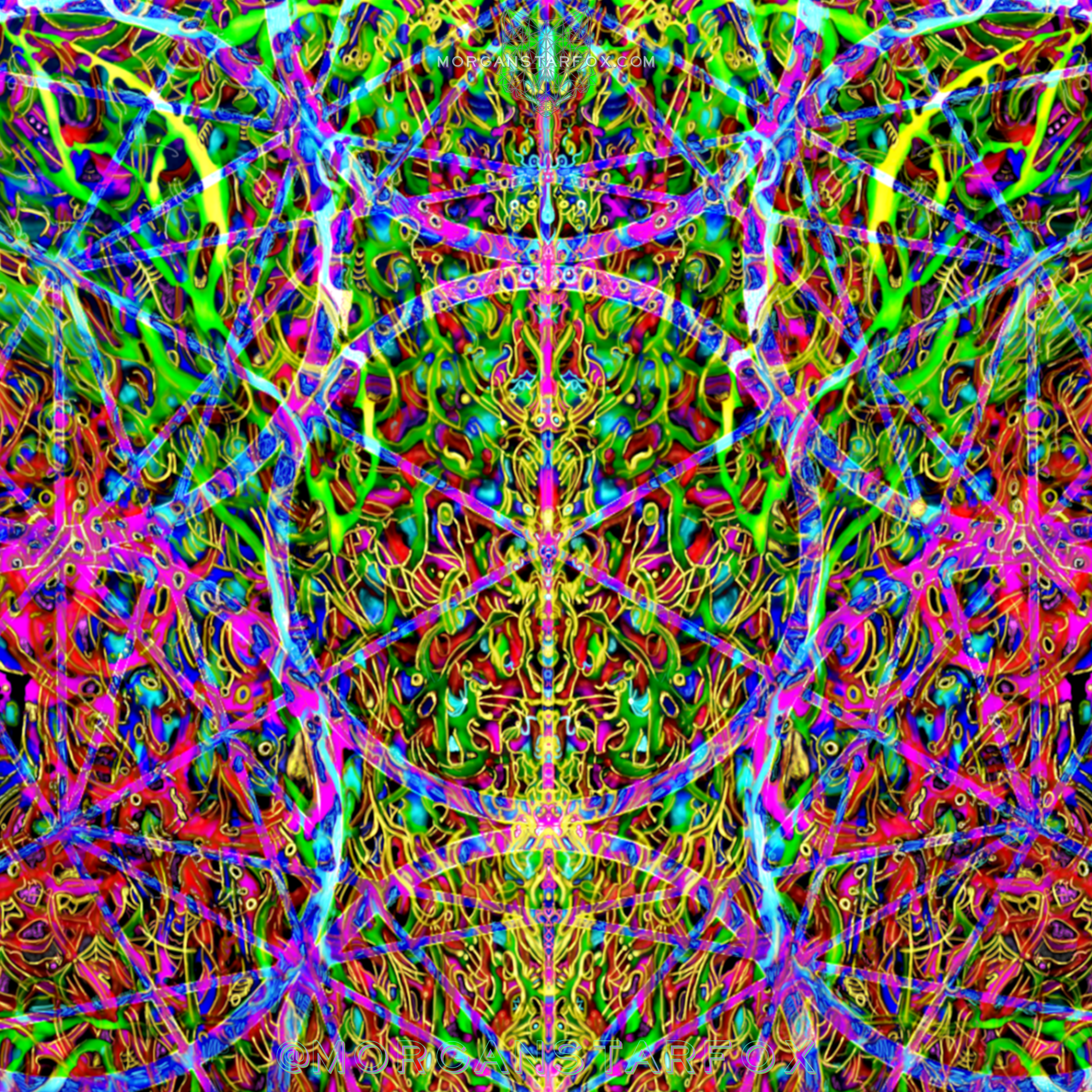 A symmetrical abstract digital artwork with vibrant neon colors, intricate patterns, and overlapping lines, creating a kaleidoscopic effect.