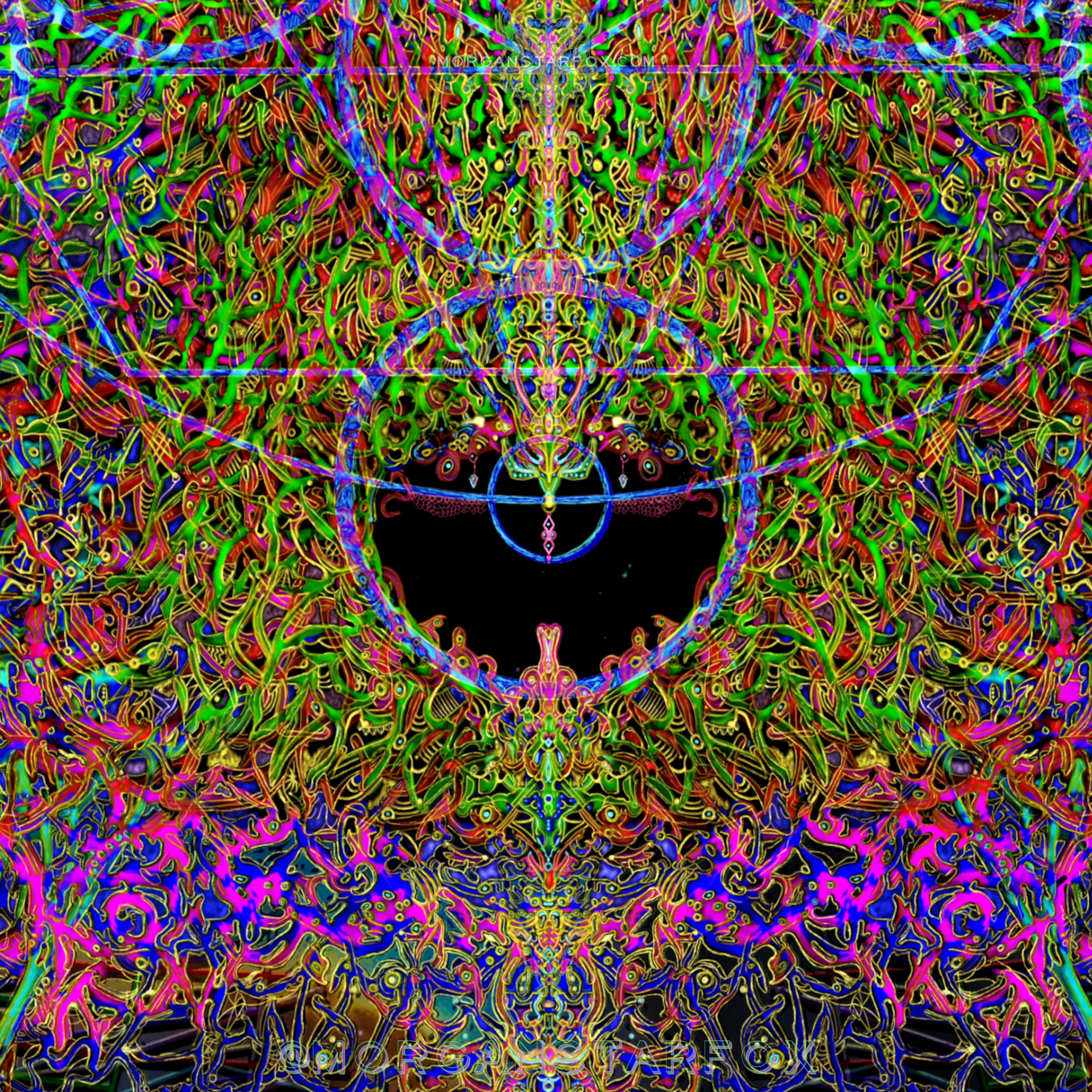 A vibrant, psychedelic digital artwork featuring symmetrical, intricate patterns in neon colors, resembling a complex, abstract design with a black background.