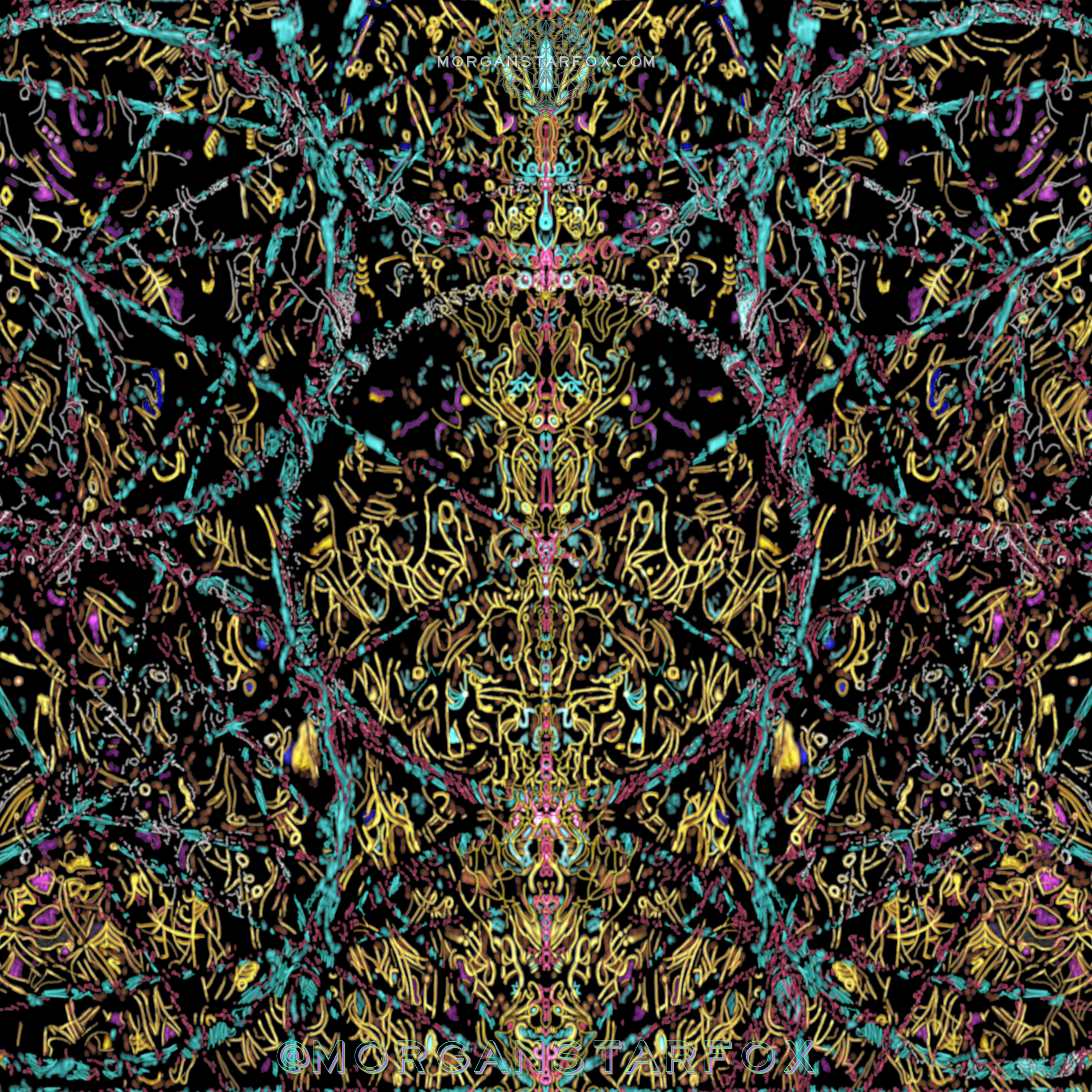 A digital, neon-colored abstract artwork with intricate, symmetrical patterns on a black background. The images include vibrant lines and shapes in yellow, pink, blue, purple, and orange, creating a complex, kaleidoscopic design.
