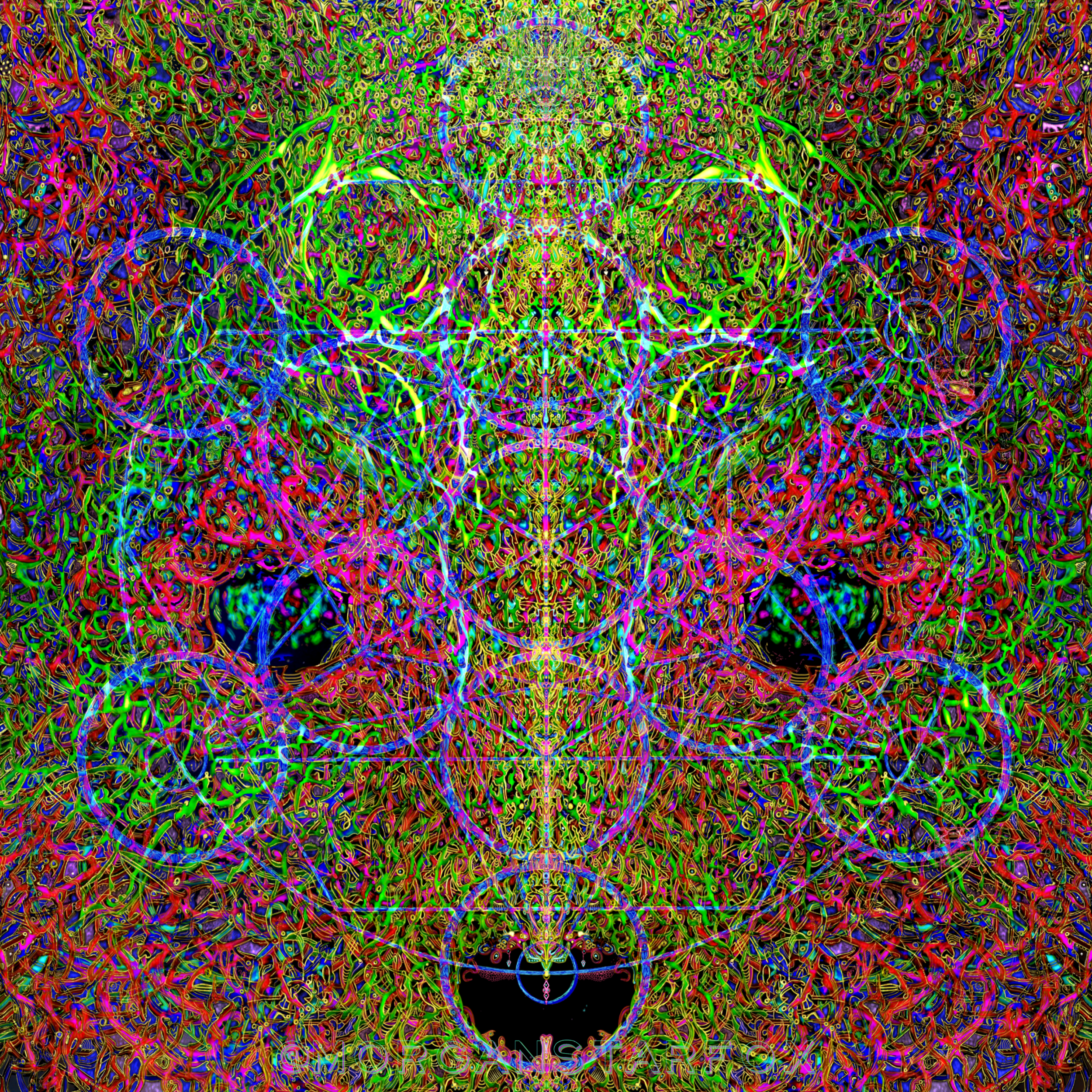 Colorful, abstract digital art with neon lines and intricate patterns forming a symmetrical design, resembling sacred geometry and mandala motifs.