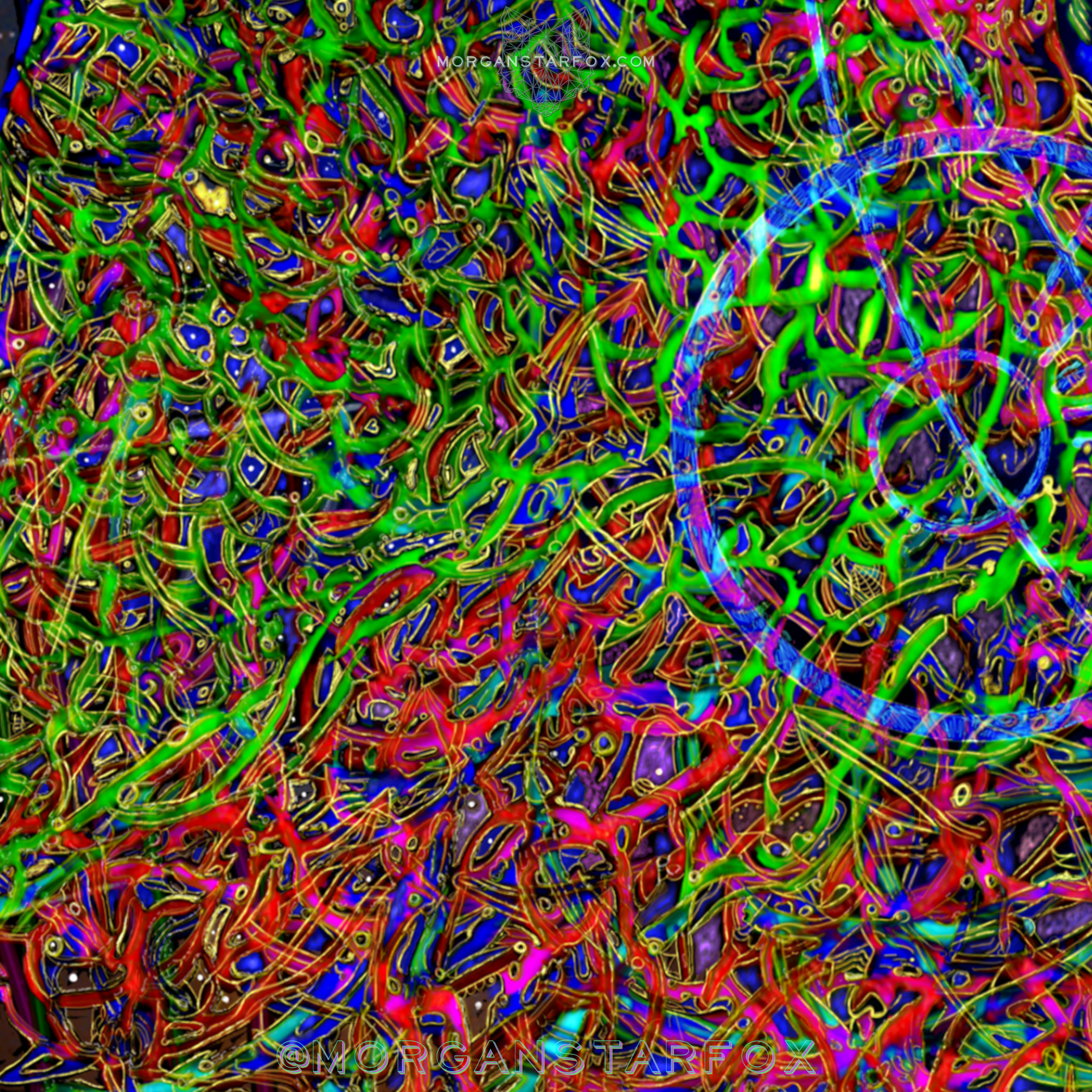 Colorful abstract digital art with intertwined neon lines in green, red, blue, and purple with a geometric heart symbol at the top.