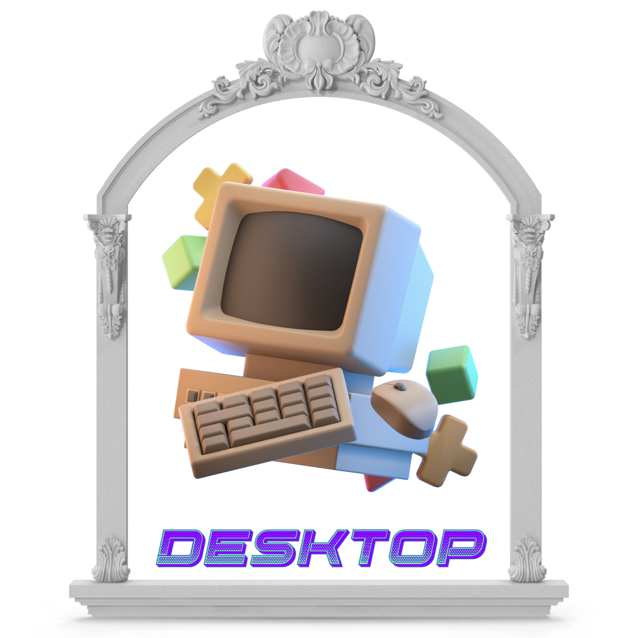 A vintage-style ornate white picture frame with decorative floral carvings at the top and bottom, featuring a sign inside that reads 'DESKTOP' in colorful, glowing text.