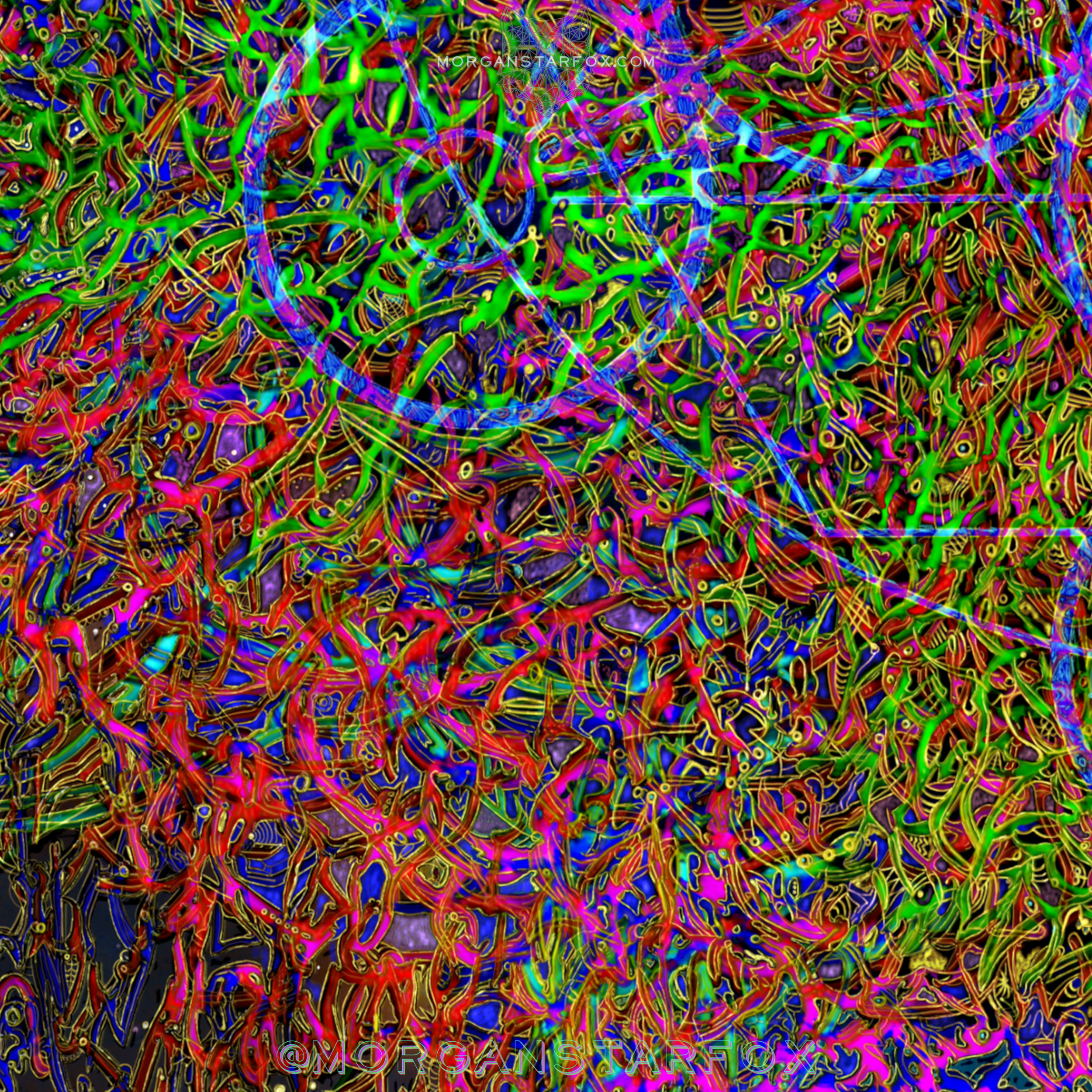 A vivid, abstract digital artwork with a chaotic mix of bright colors including green, red, blue, pink, purple, and yellow, featuring intertwining lines and shapes.
