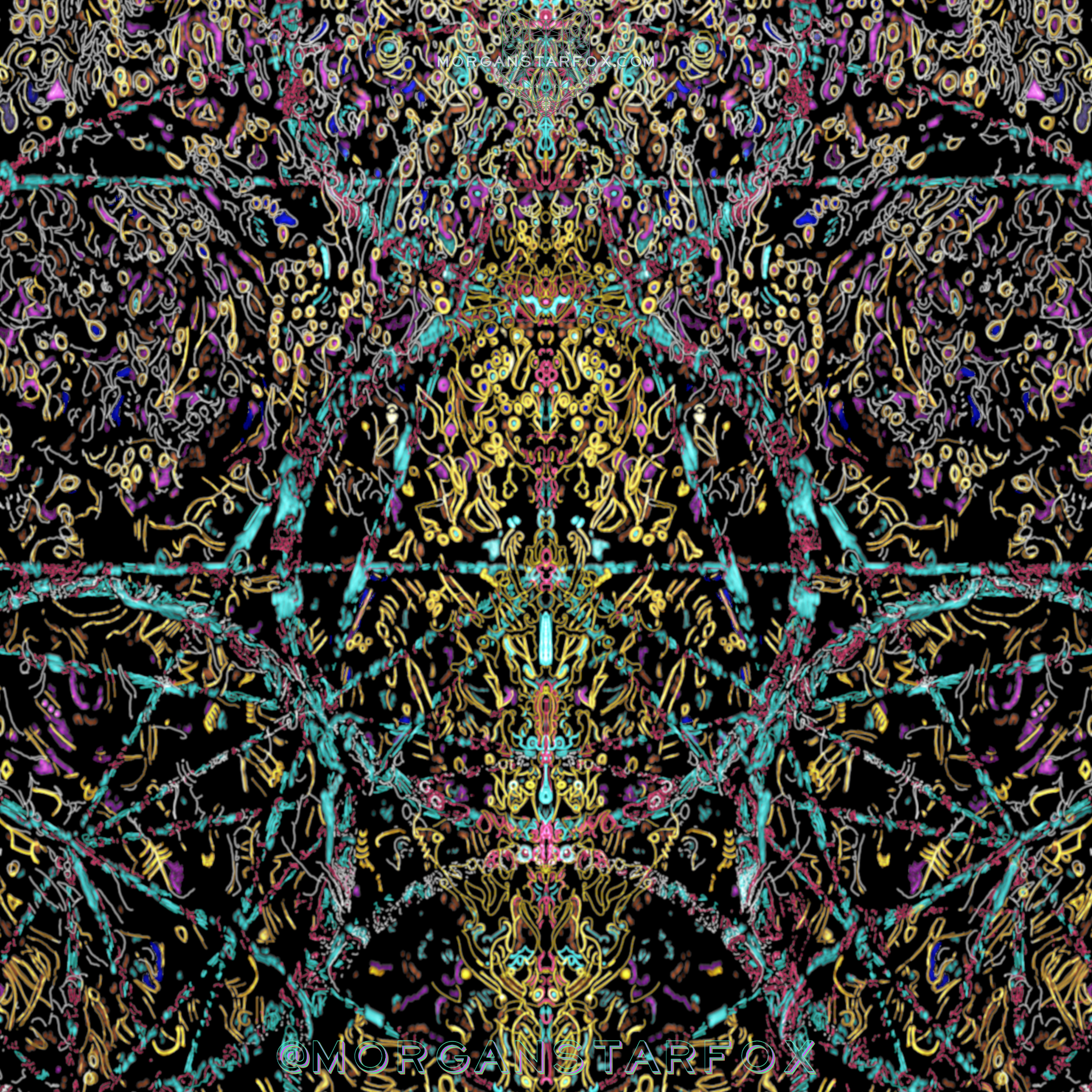 A vibrant, symmetrical neon artwork featuring intricate line patterns in yellow, pink, blue, purple, and white on a black background.