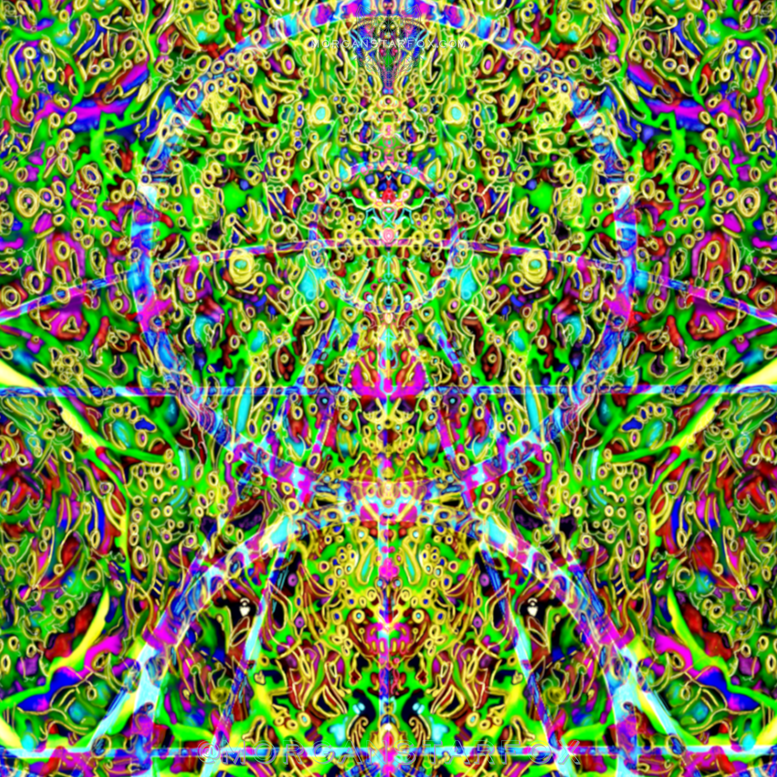 Abstract psychedelic pattern with bright neon colors and swirling shapes.