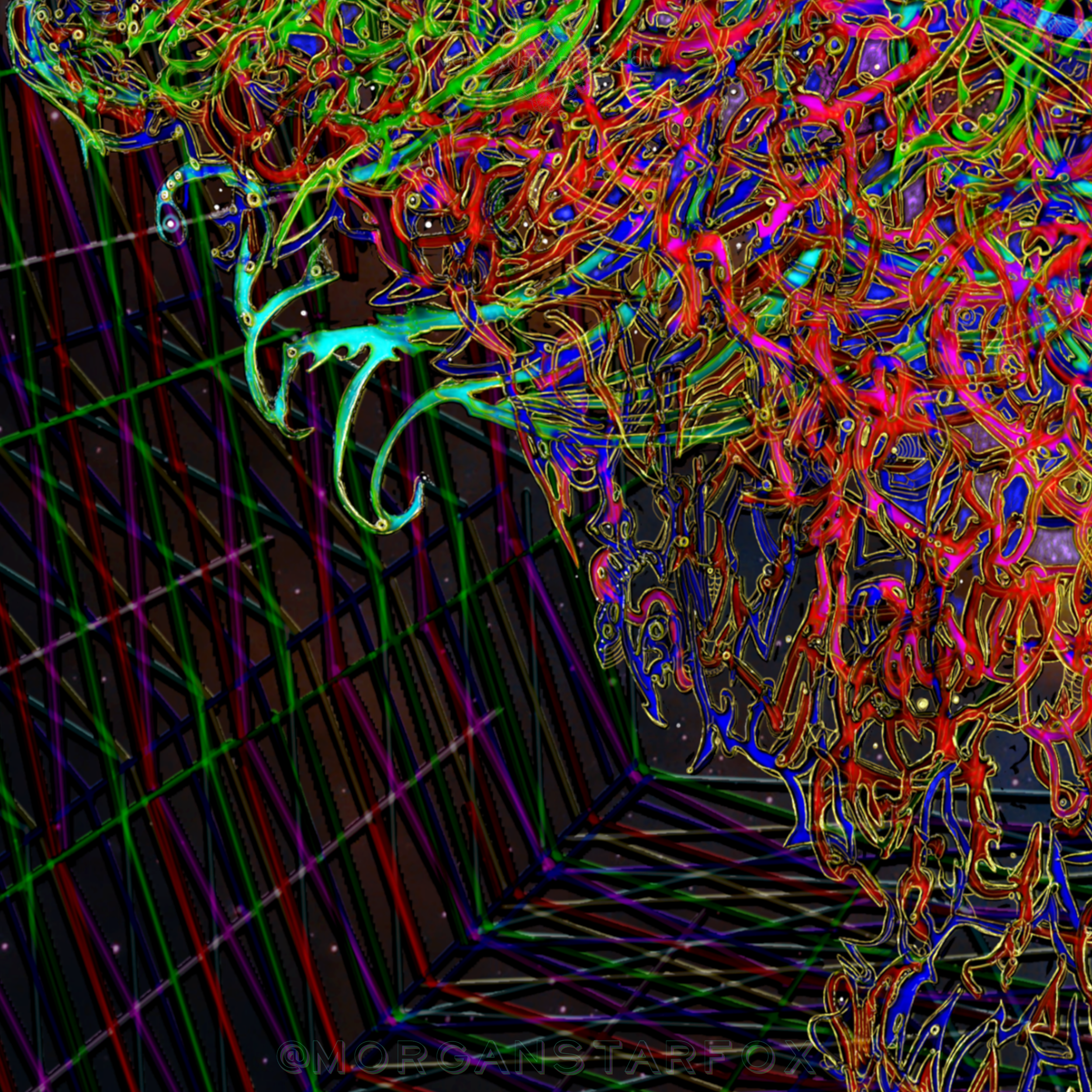 Colorful digital artwork featuring bright neon lines in red, green, blue, yellow, and purple, forming abstract patterns and shapes on a black background.