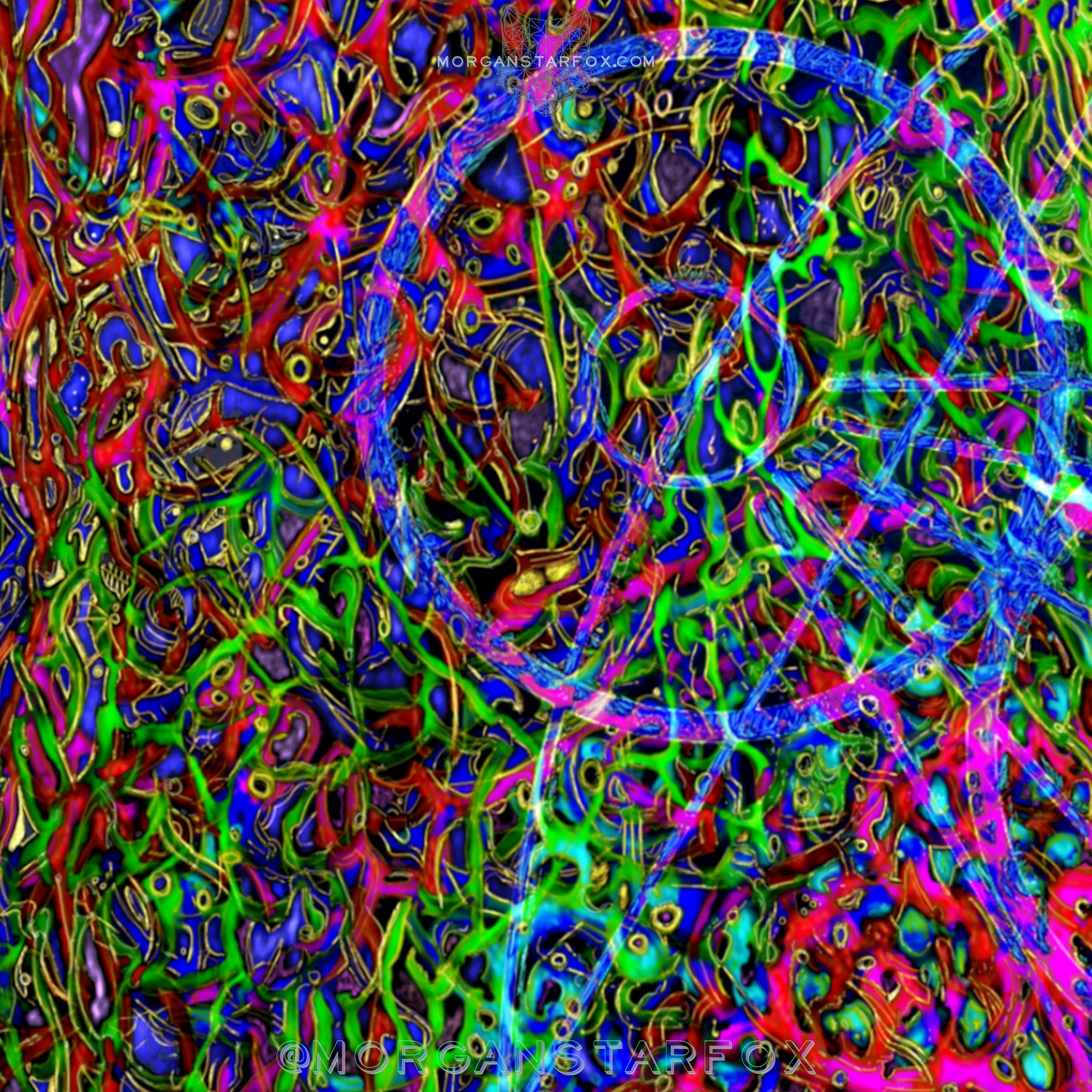 Abstract colorful digital artwork with intertwining lines and shapes in neon colors.