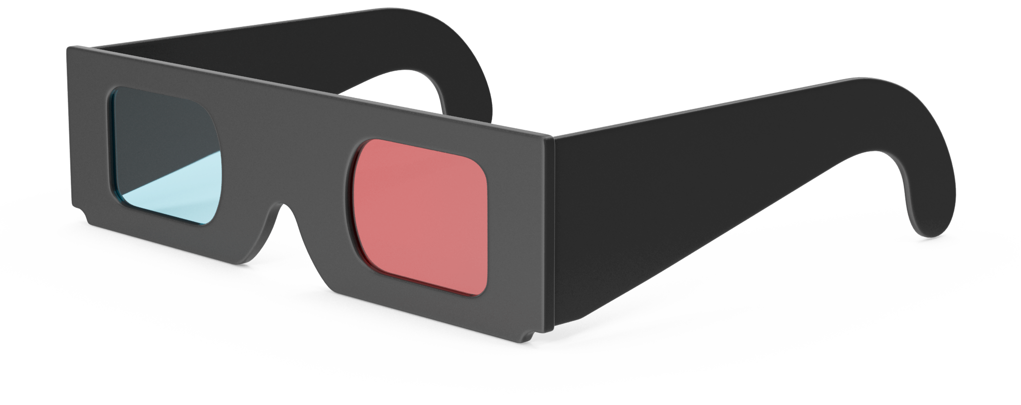 A pair of 3D glasses with black frames, one lens blue and the other red.