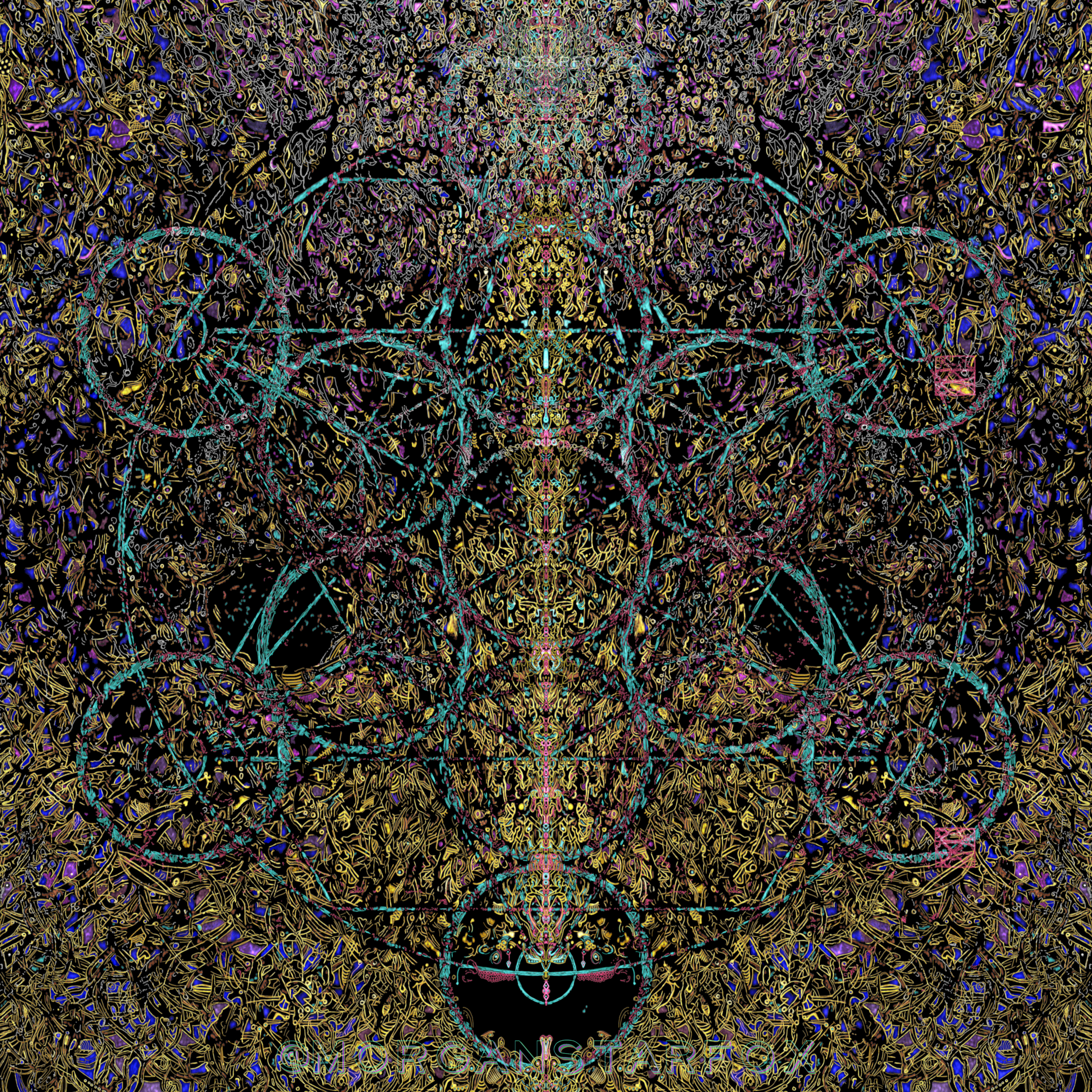 Colorful abstract digital art with intricate lines forming a symmetrical pattern resembling a visage or face, with neon-like pink, blue, yellow, and purple hues against a black background.
