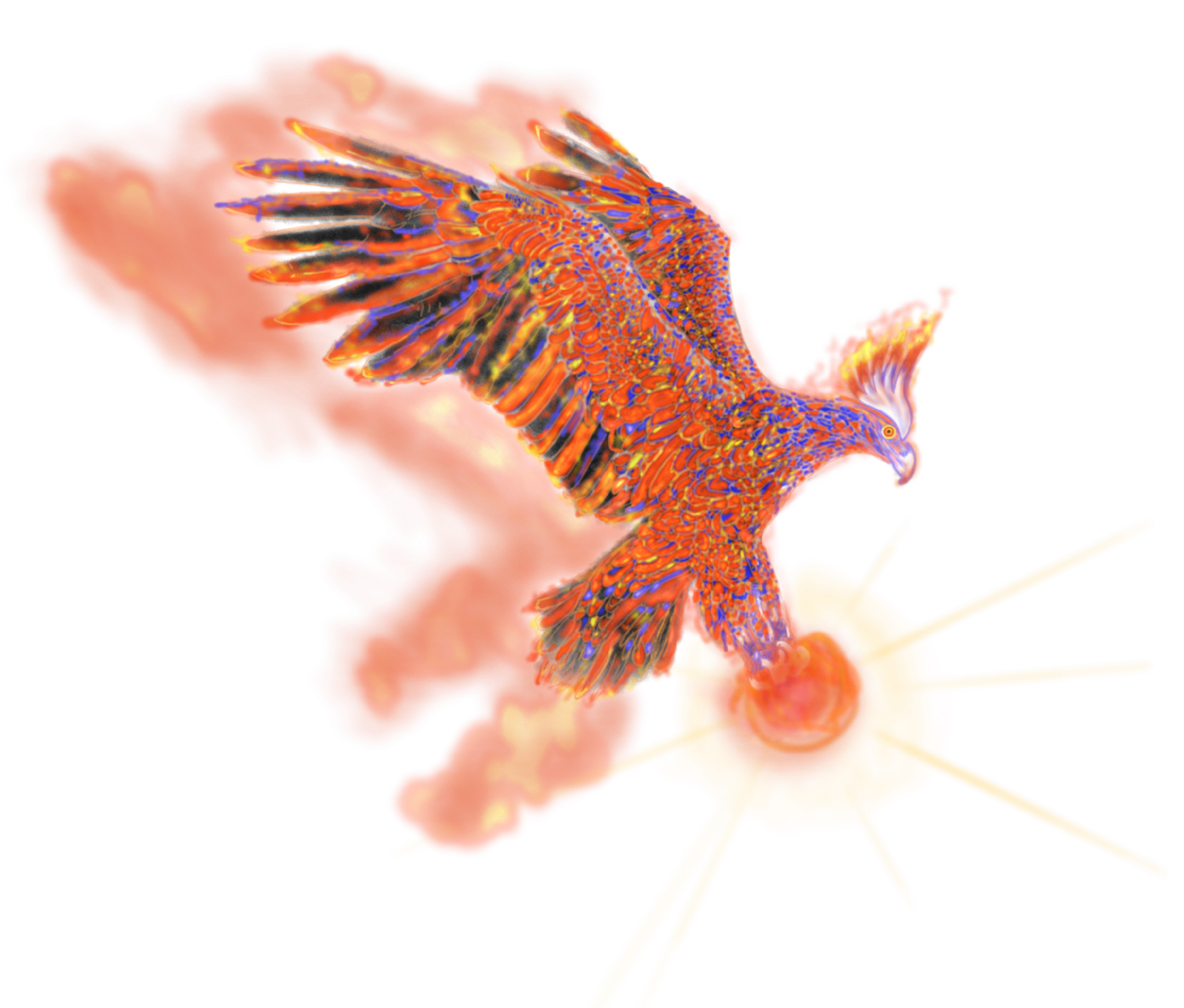 A colorful, digitally rendered image of a xenomorph-like creature with intricate, detailed patterns on its body, set against a black background with fiery orange and yellow accents.