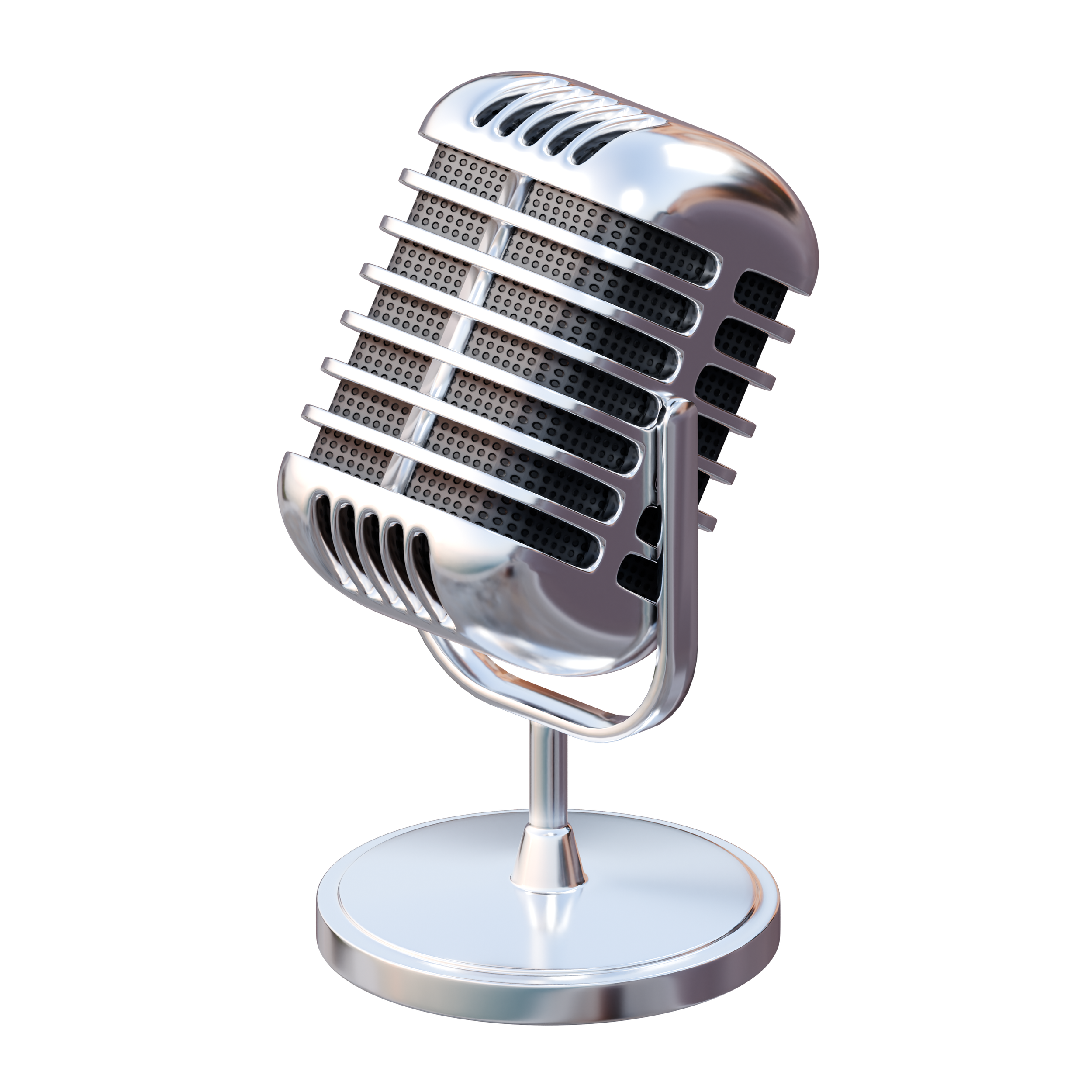 A vintage style silver microphone with grille detail, standing on a round base.