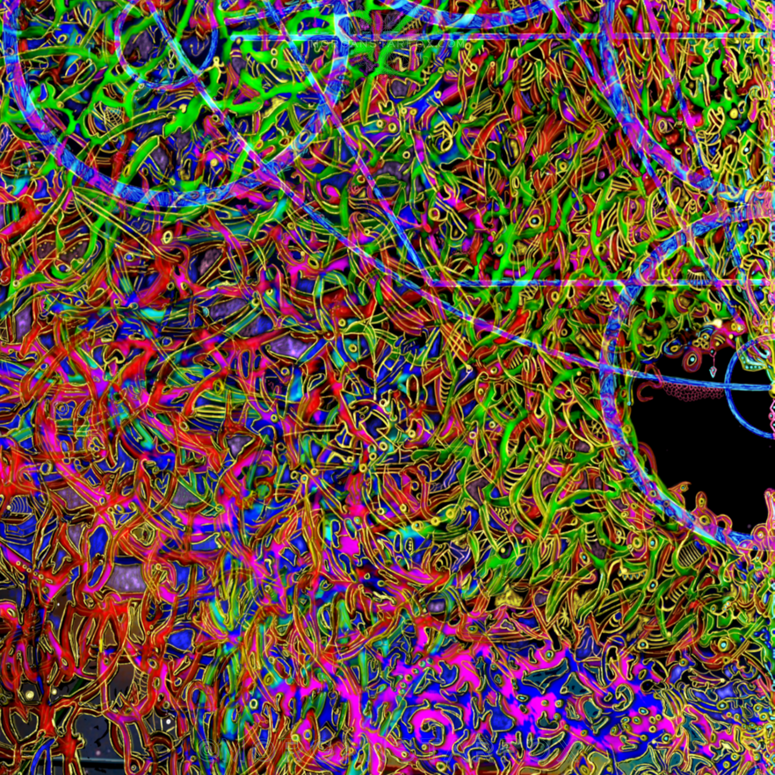 A colorful, abstract, swirling pattern of neon lines and shapes on a dark background.
