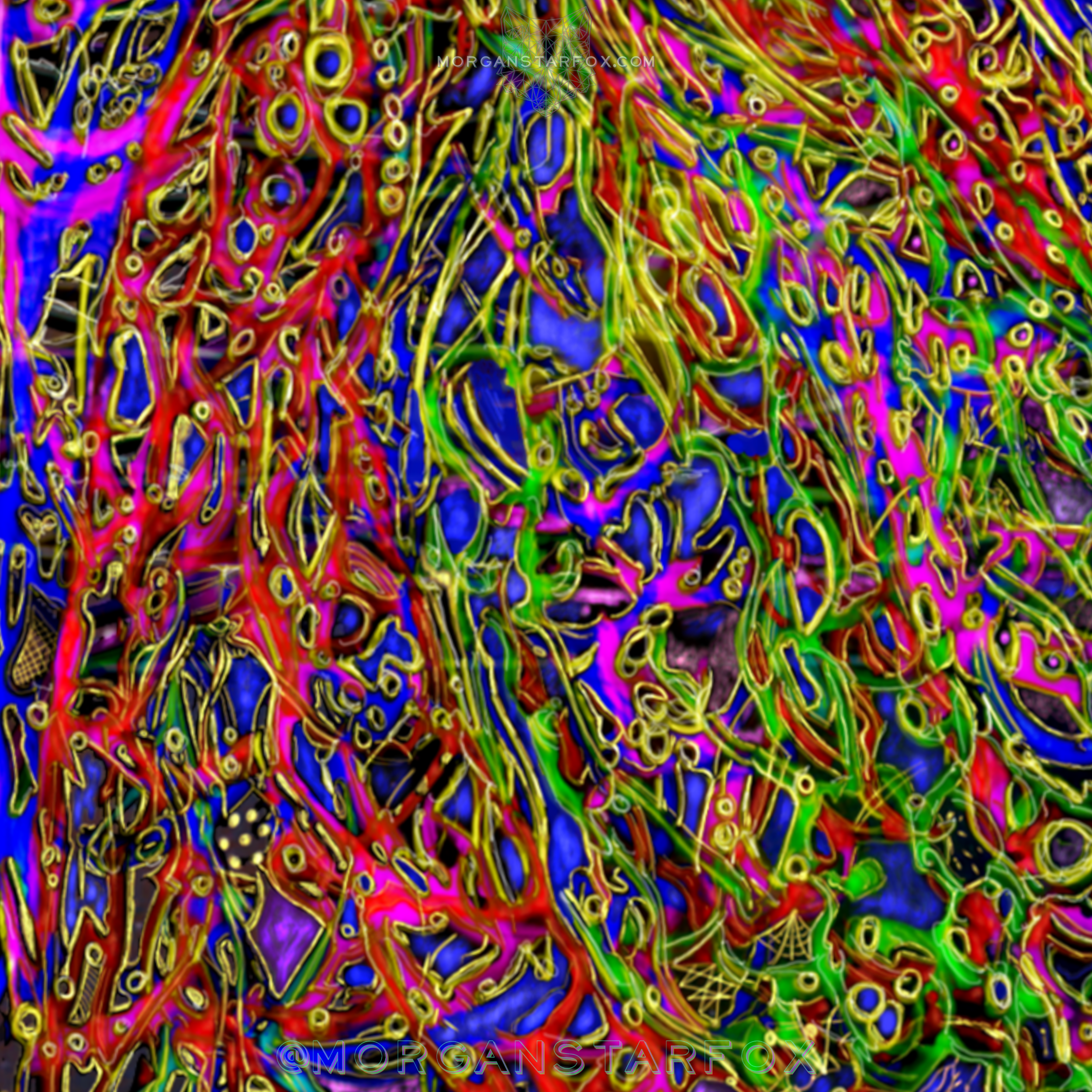 Abstract digital artwork featuring bright, swirling lines and shapes in yellow, red, green, blue, pink, and purple colors.
