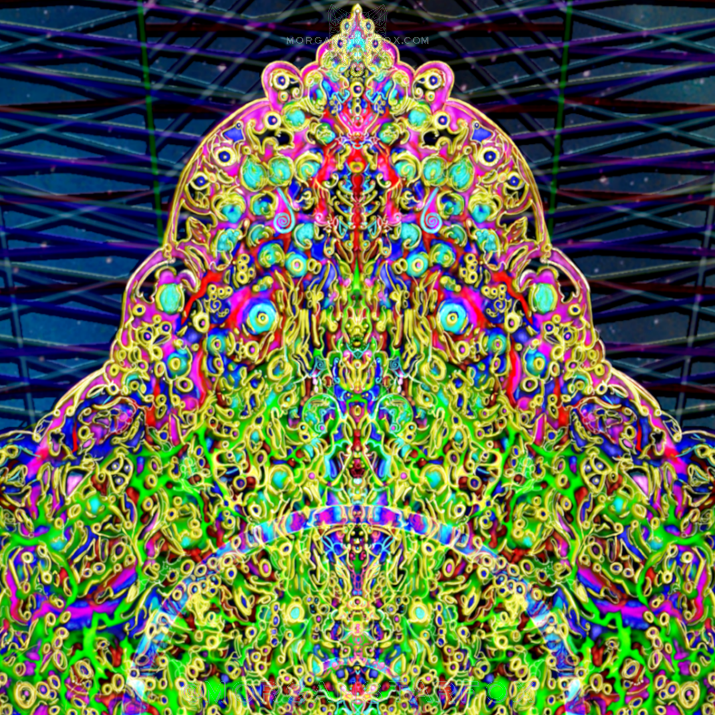 A colorful, abstract digital artwork resembling a symmetrical, psychedelic design with swirling patterns and vibrant neon colors.