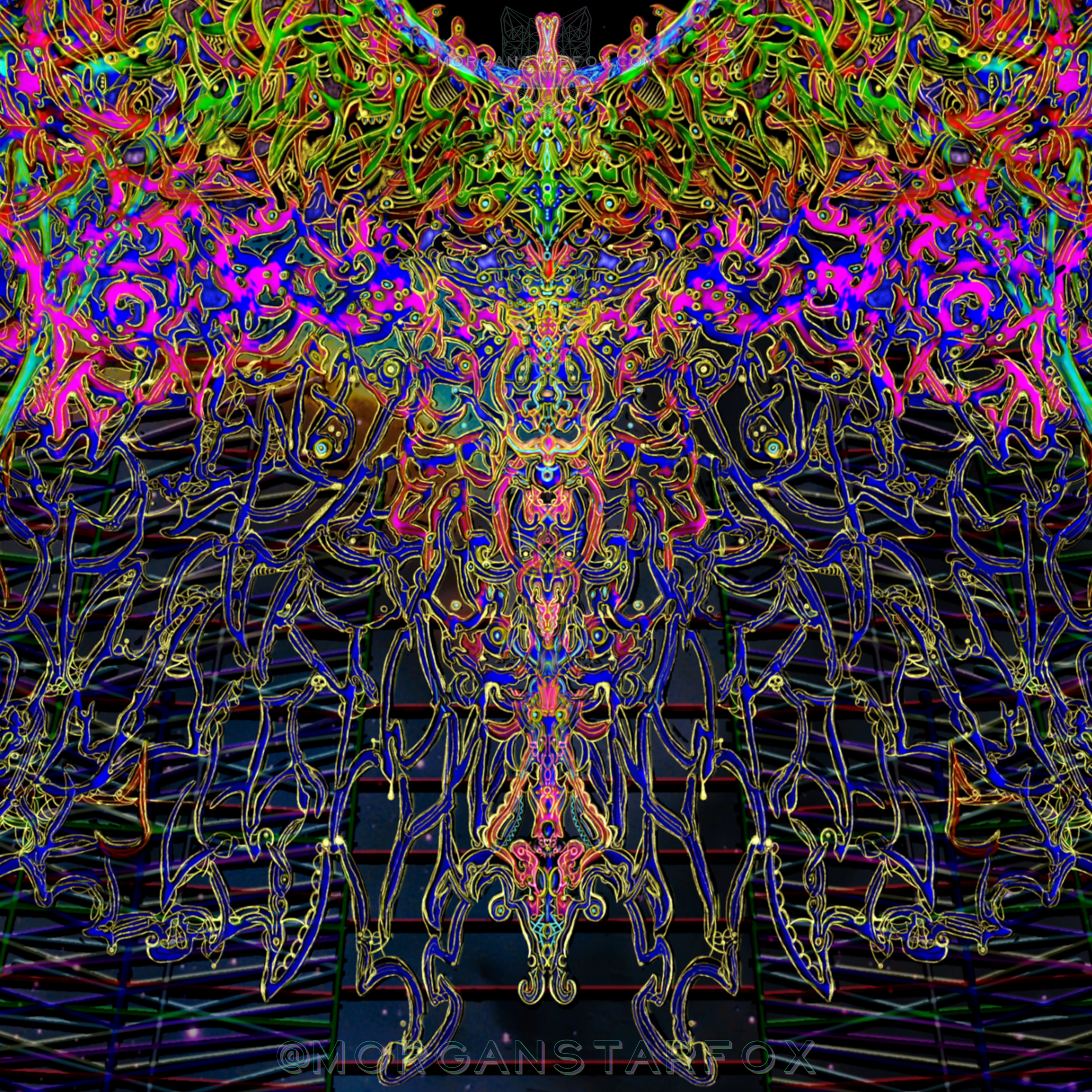 A complex neon-colored digital artwork featuring an intricate symmetrical pattern resembling a butterfly or moth with glowing lines and abstract shapes in bright pink, yellow, green, blue, and purple hues on a black background.
