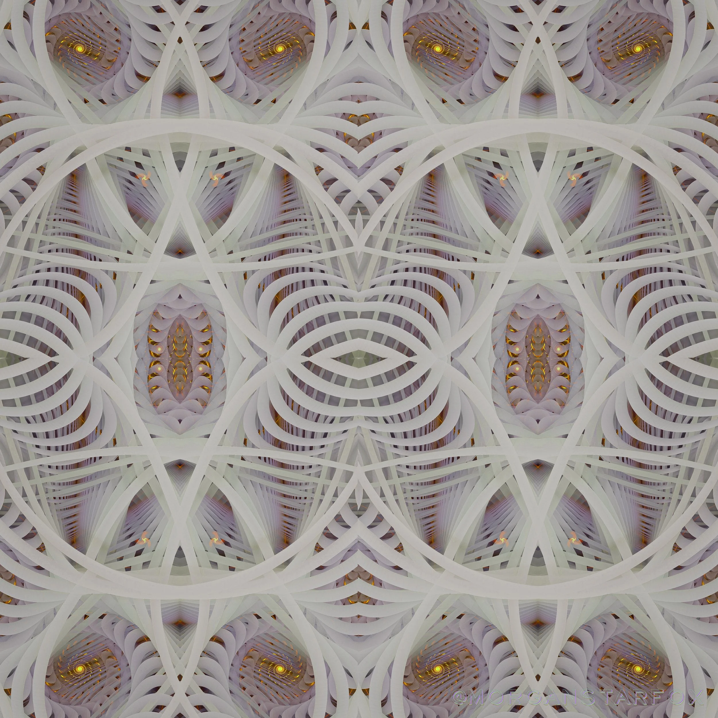 A digital abstract artwork featuring symmetrical, layered, swirling patterns with white, pink, and orange hues, creating a kaleidoscopic effect.