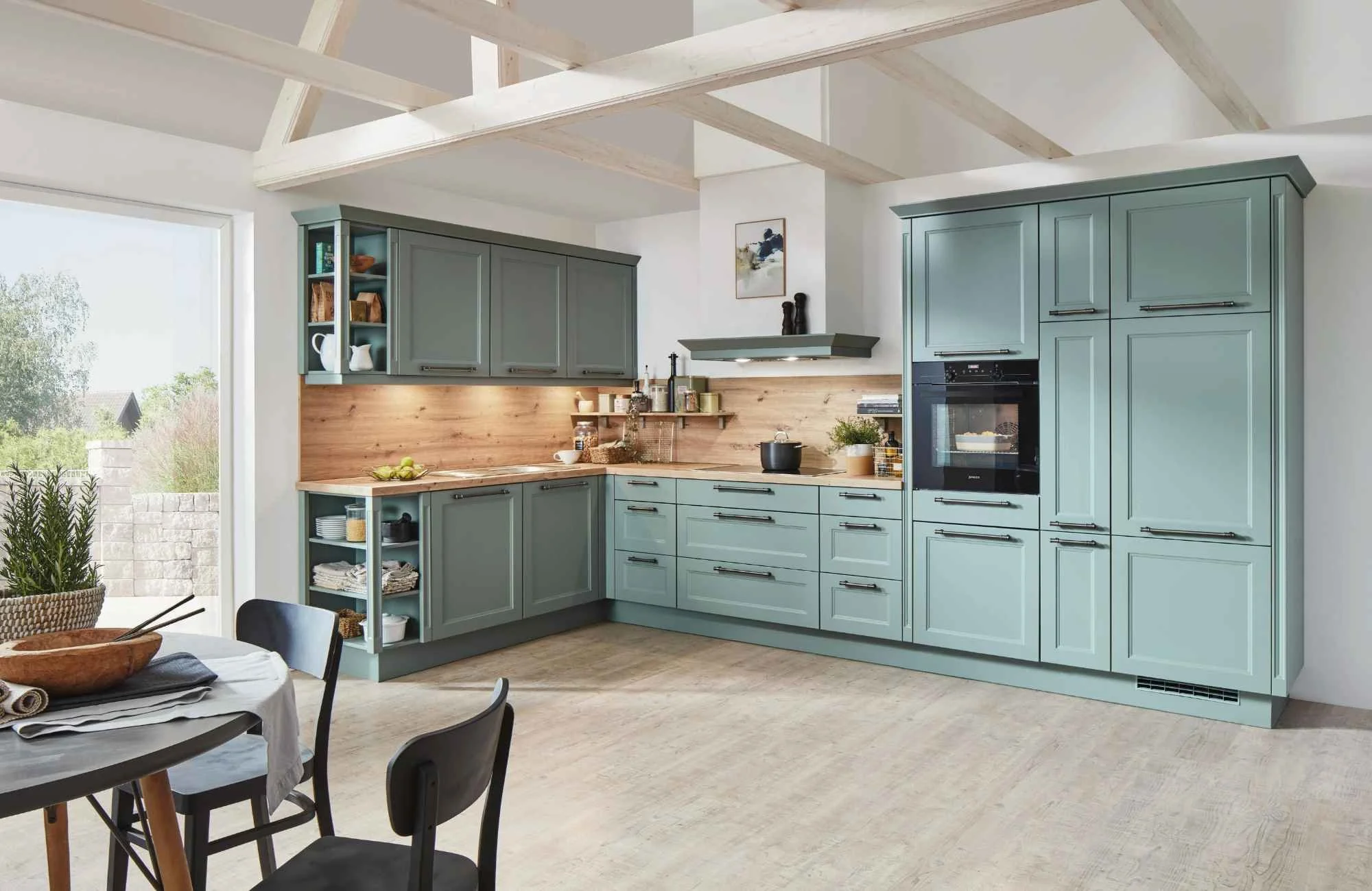 design-build-pensacola-fl-backsplash-materials-teal-cabinets-wood-backsplash-white-ceiling-beams-eat-in-kitchen-dining-table-personal-kitchen-remodel.jpg