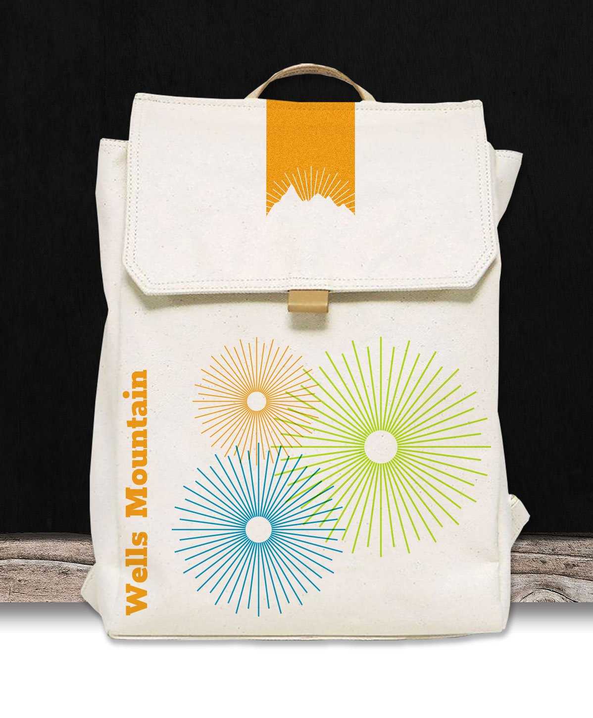 Natural backpack with color graphics, Wells Mountain schoolbag