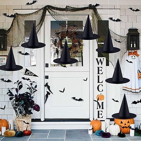 12pack Black Halloween Witch Hats with 3D Bats Wall Decor