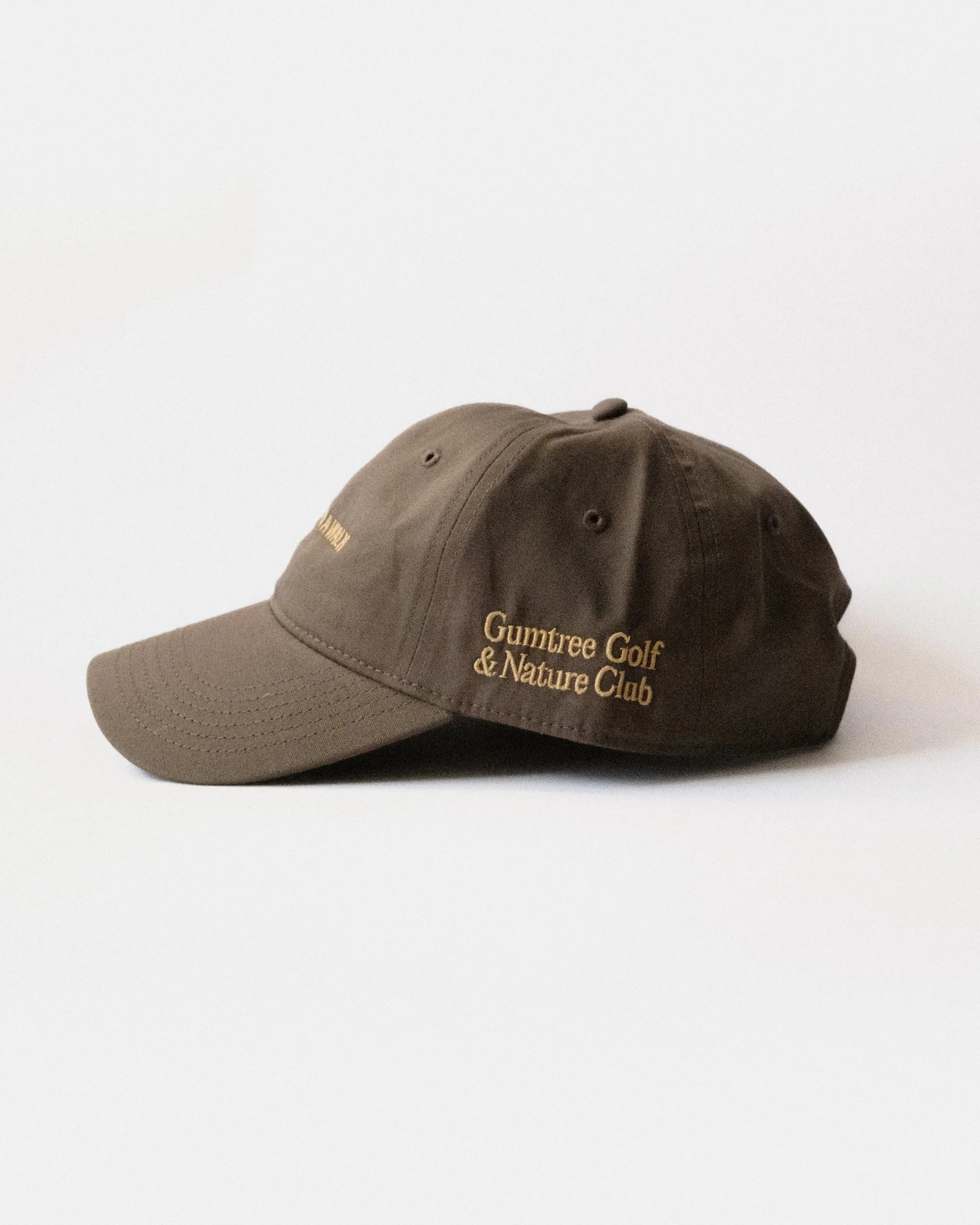 Brown and yellow Just Out For A Walk dad hat, side view