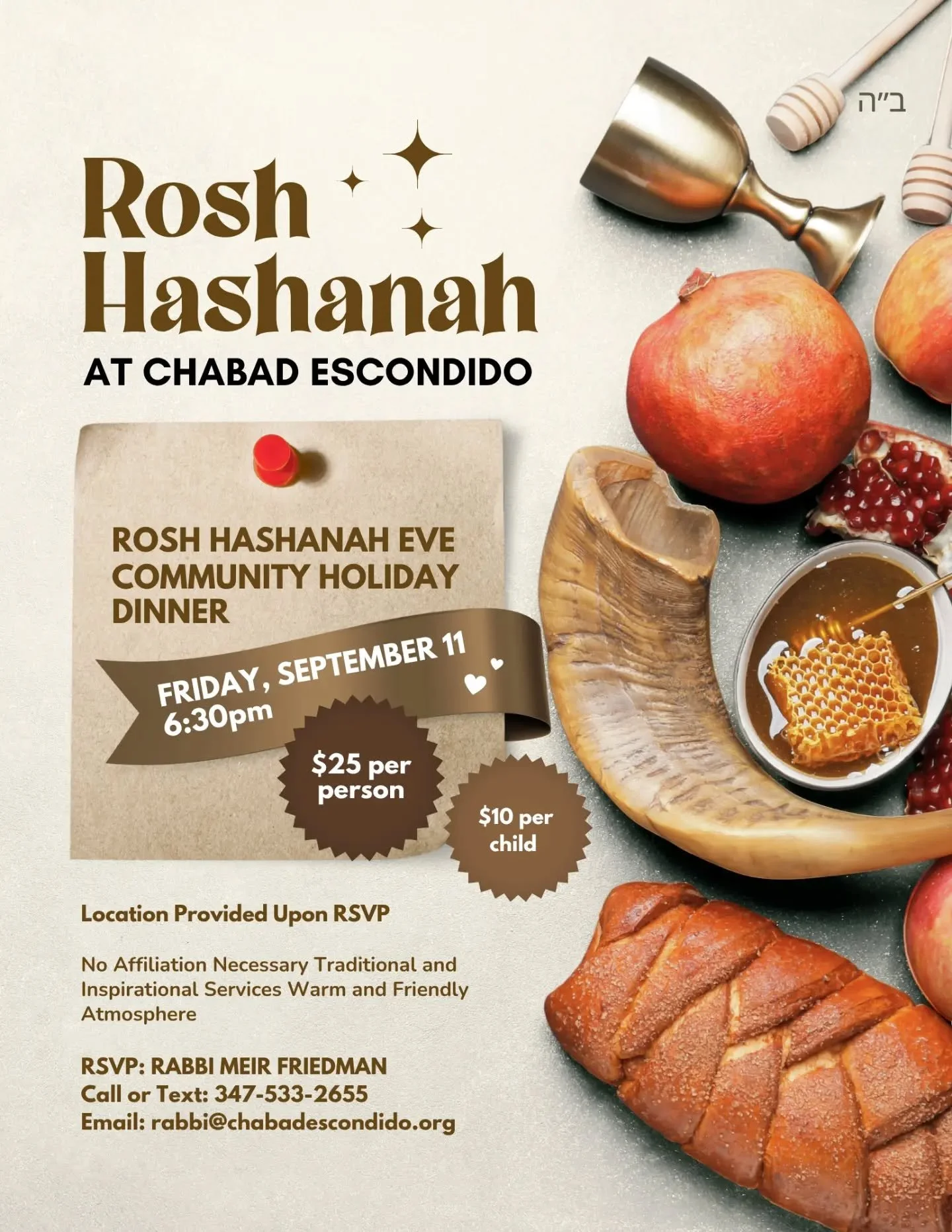Celebrate Rosh Hashanah with delicious holiday foods, songs, and a warm community table. ✨ RSVP at https://www.chabadescondido.org/roshhashanah