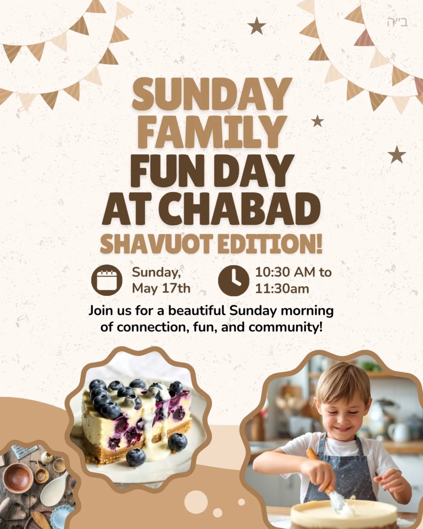 This Fun Day Sunday will be a sweet cheesy experience! 🍰✨

RSVP at https://www.chabadescondido.org/sundayfamilyfunday