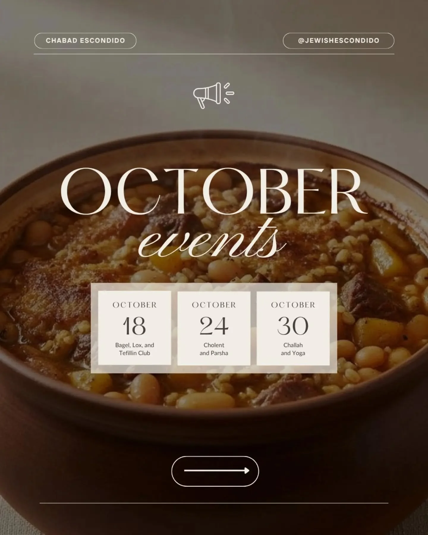 October's here! Share a meal with the community and enjoy our new events together at Chabad of Escondido ✨

RSVP at https://www.chabadescondido.org/