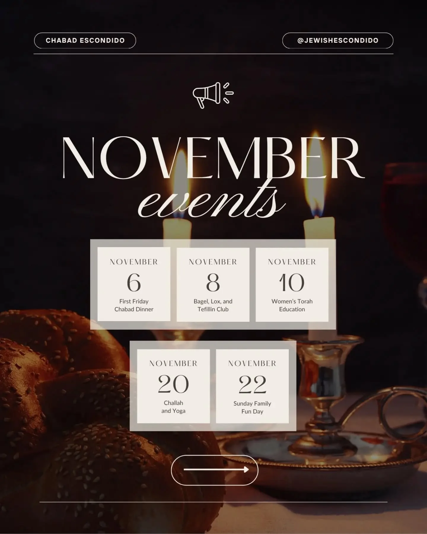 November is coming! Join us for another month of meaningful moments and wonderful community gatherings.  Swipe through to see what&rsquo;s coming up at Chabad of Escondido. We can&rsquo;t wait to see you! 

RSVP at https://www.chabadescondido.org

#c