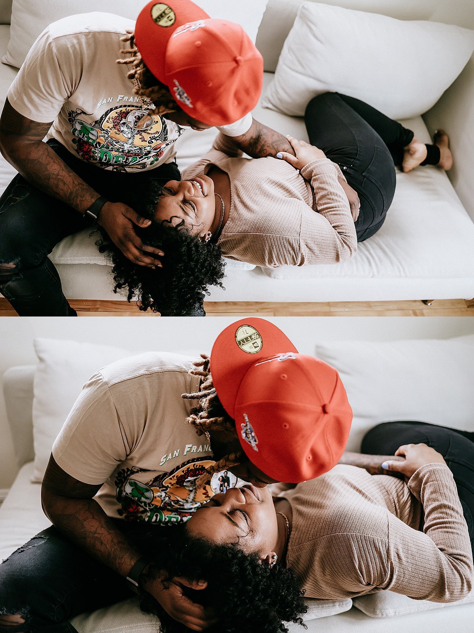  Man kissing woman for in-home photo session with Minneapolis photographer, Mckenzie berquam  