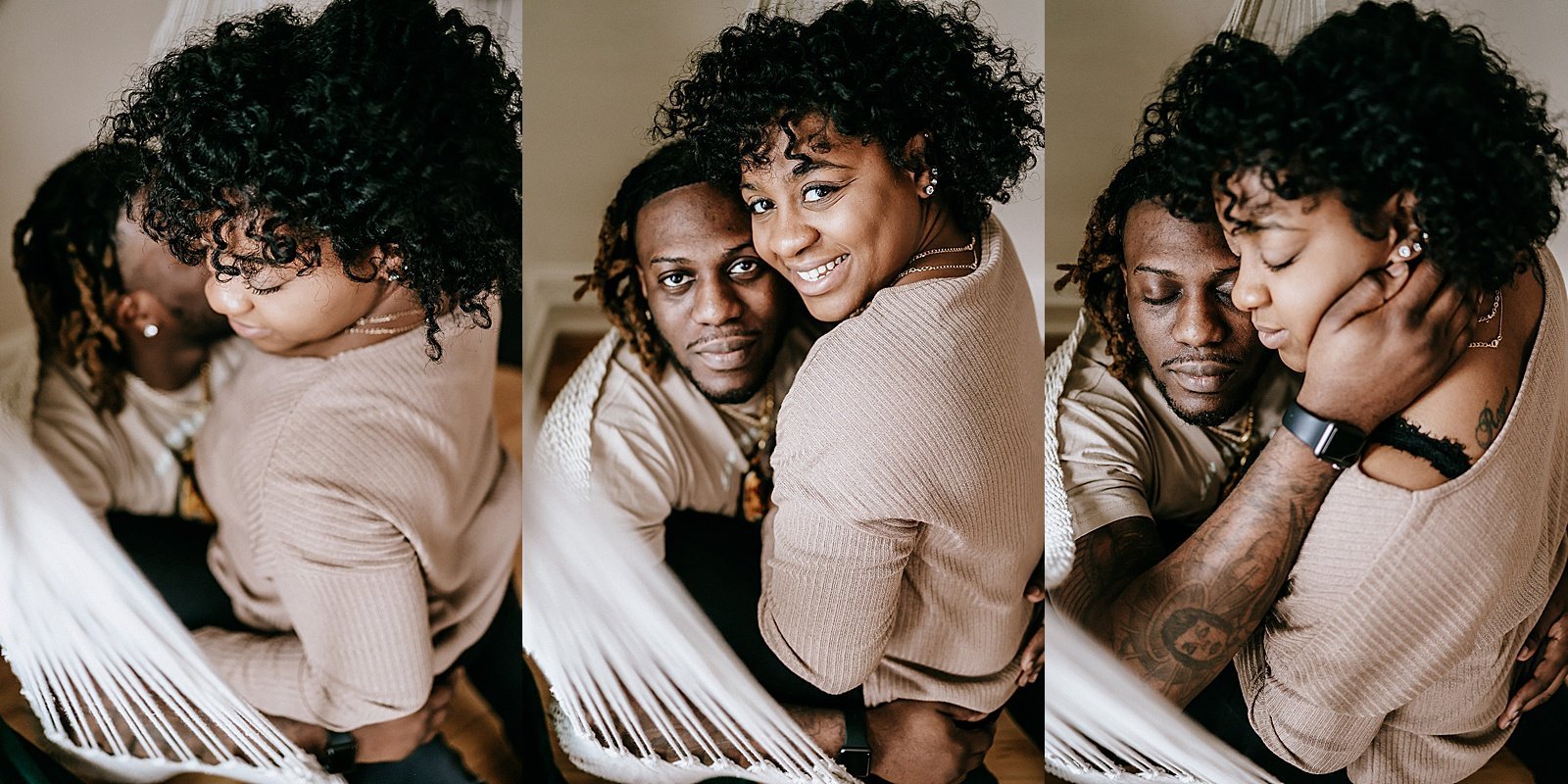  Man wrapping up woman in an embrace for intimate couples session 