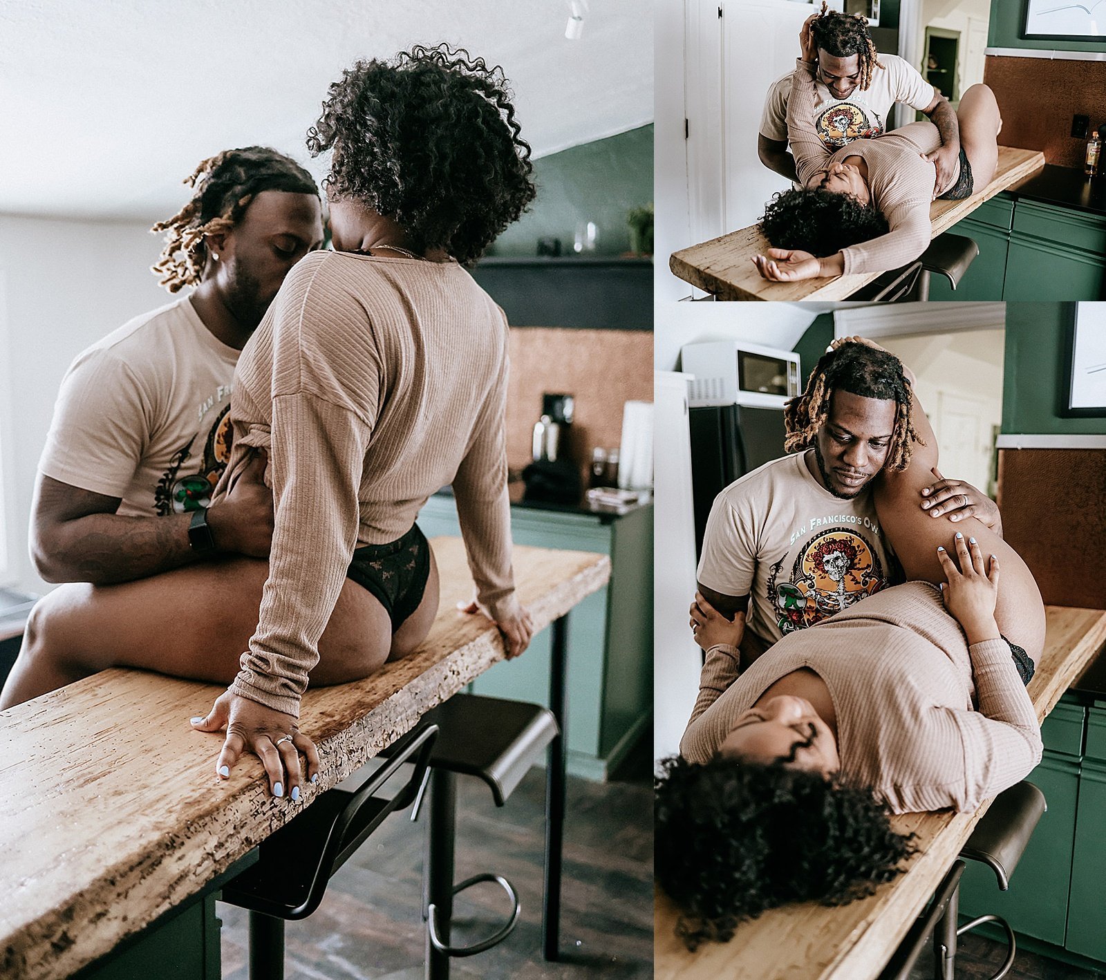  Man and woman embracing in the kitchen for in-home shoot with Minneapolis photographer, McKenzie Berquam  