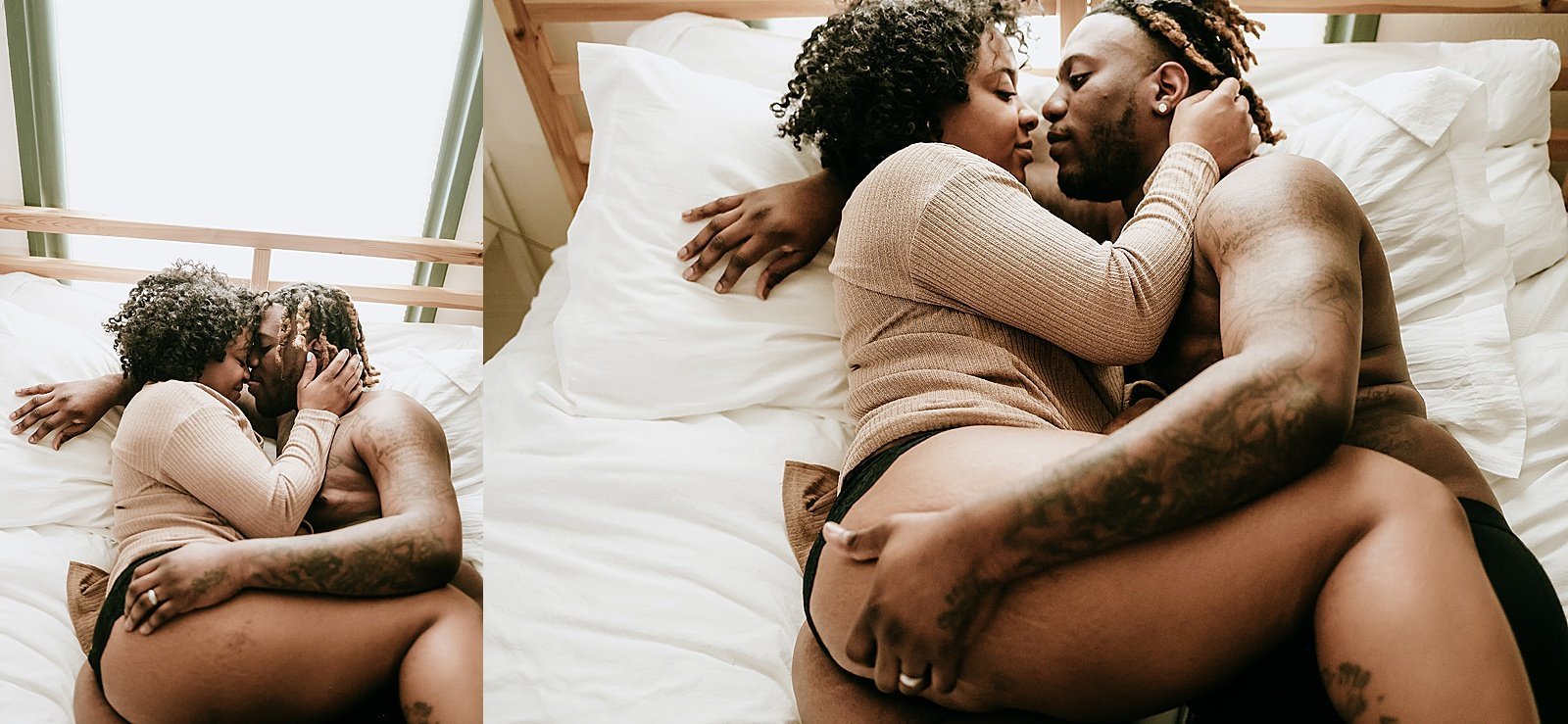  Couple in underwear embracing on a bed in Minnesota Airbnb 