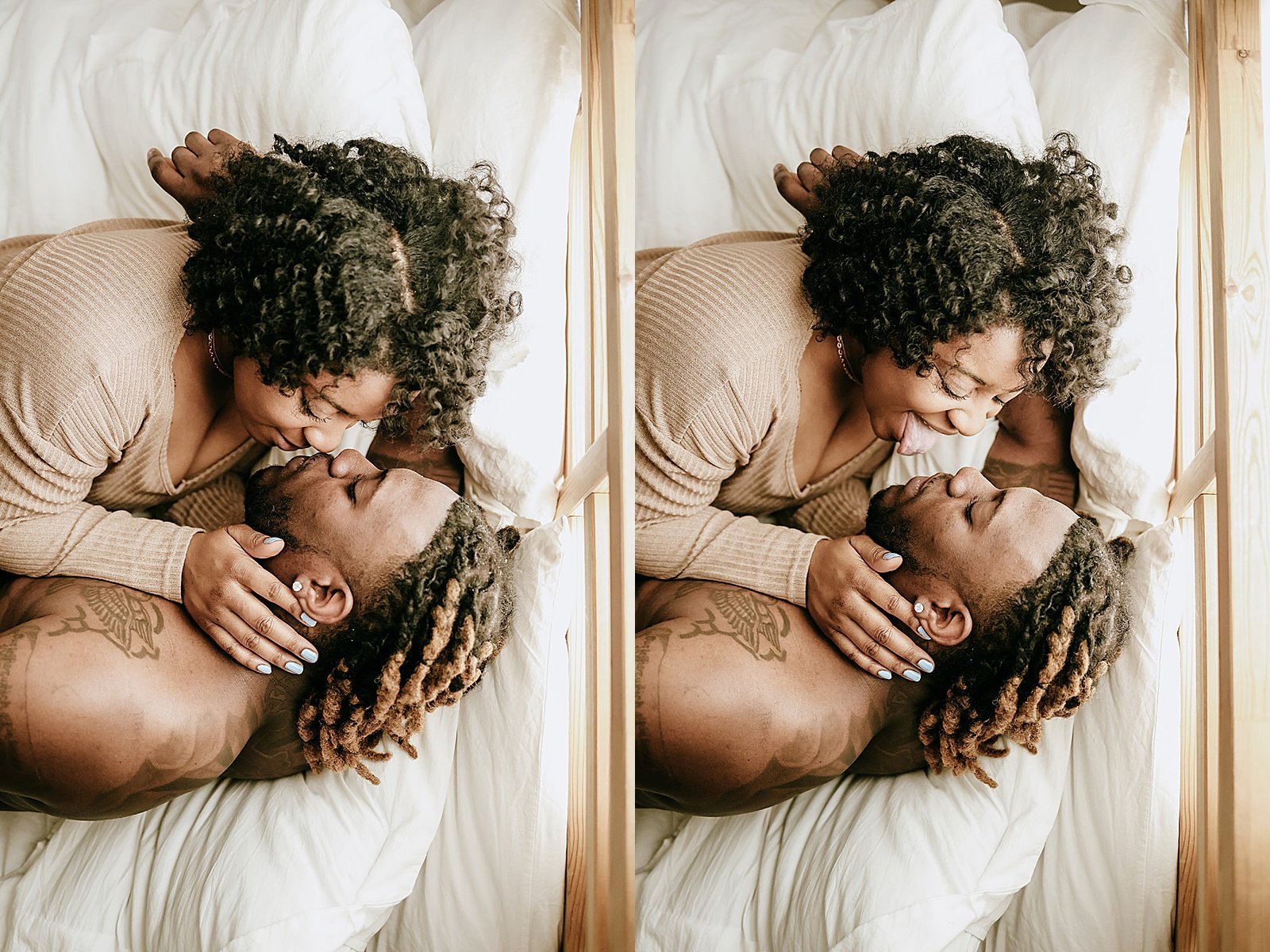  Man and woman kissing on a bed for in-home photo shoot by Minneapolis photographer, McKenzie Berquam 