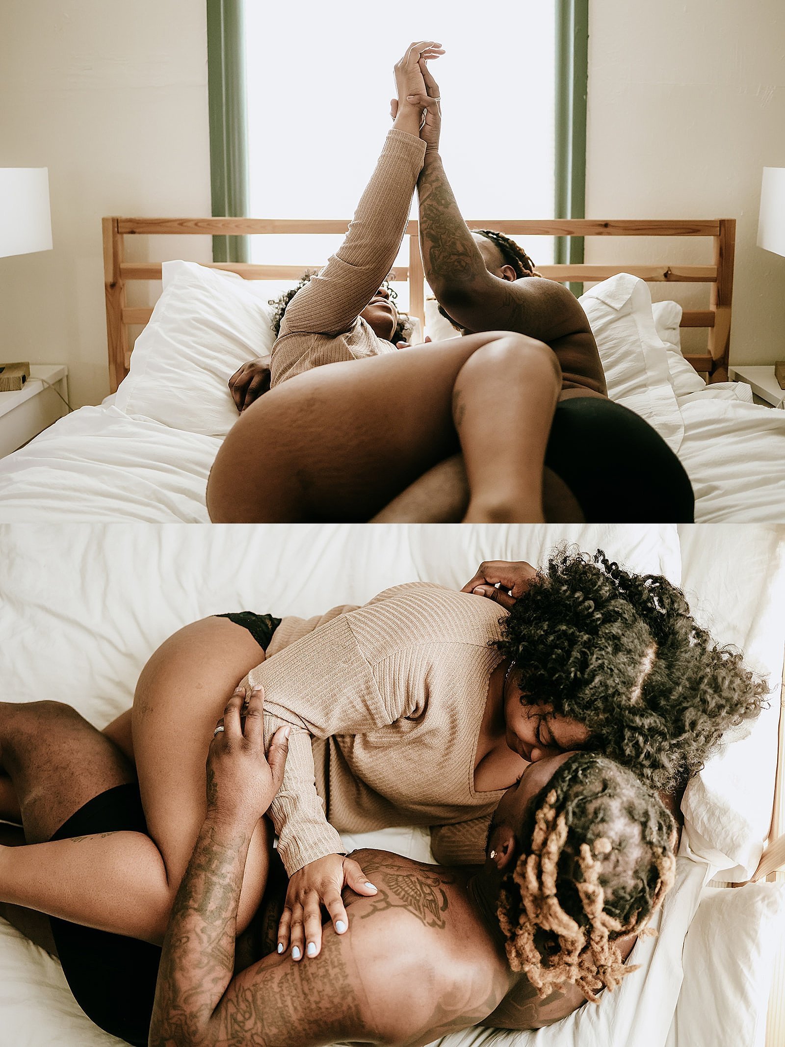  Man and woman holding hands in bed for airbnb couples session 
