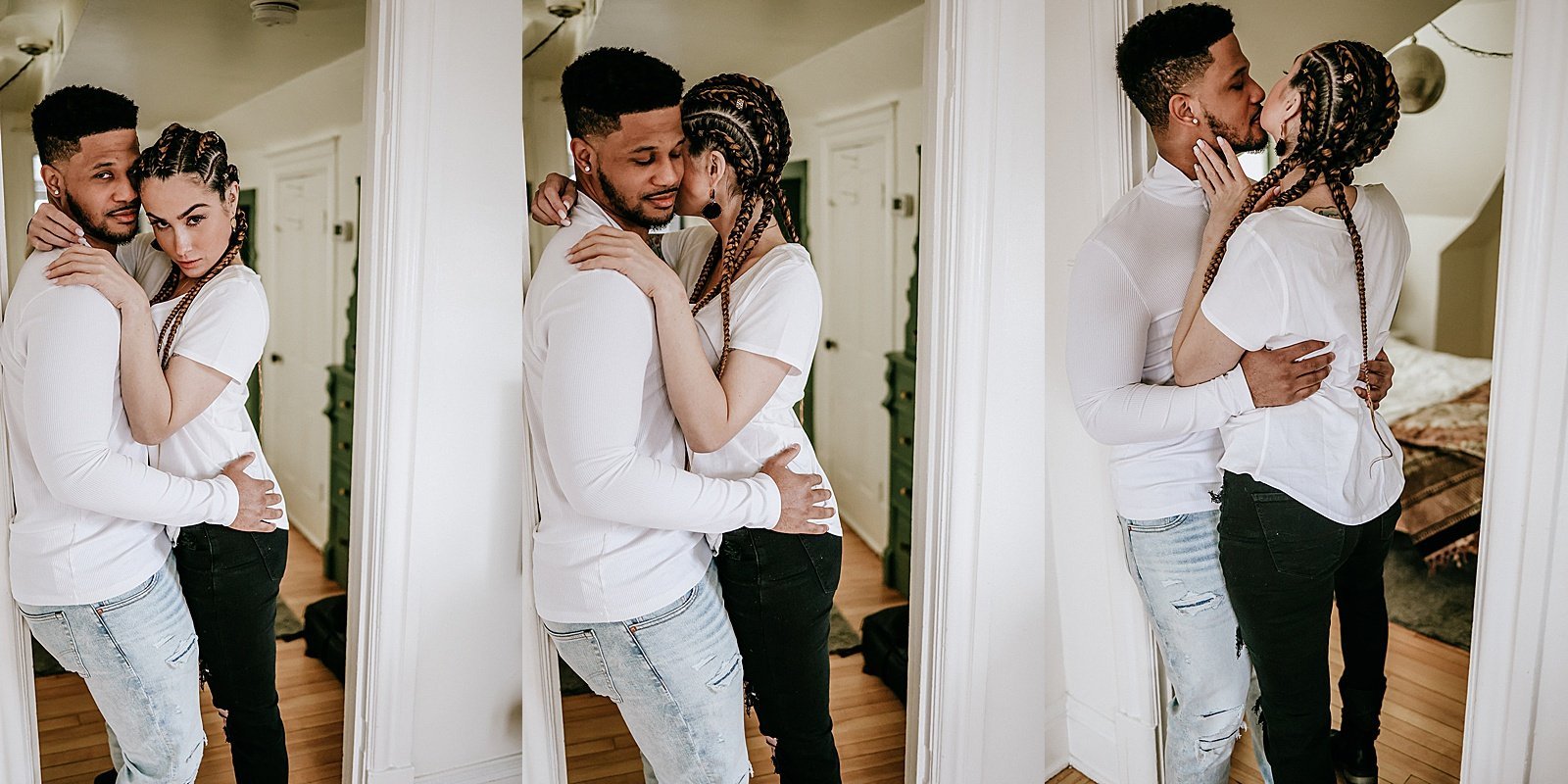  Couple hugging in a hallway of an airbnb by Minnesota engagement photographer, McKenzie Berquam 