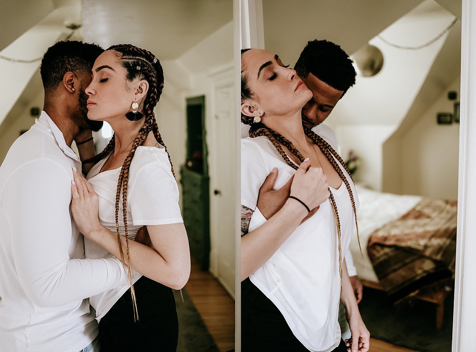  Man kissing woman’s neck for their steamy couples session 