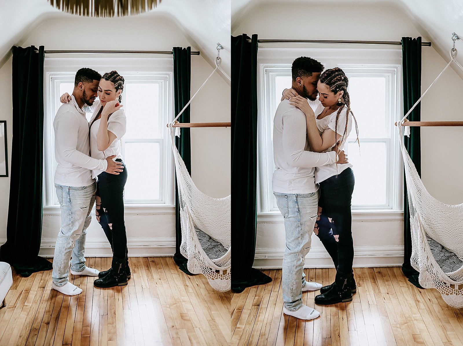  Couple hugging for in-home photo session in an Airbnb 