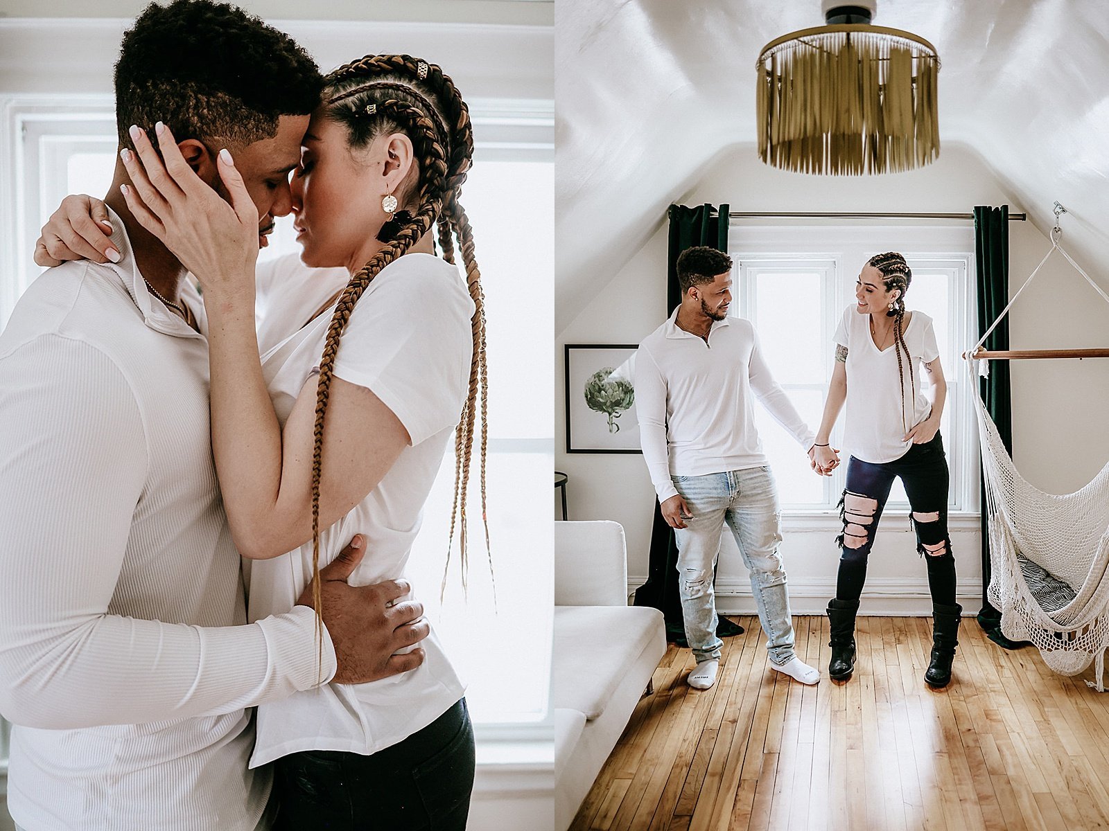  Man and woman in white &amp; denim kissing during their steamy couples session 