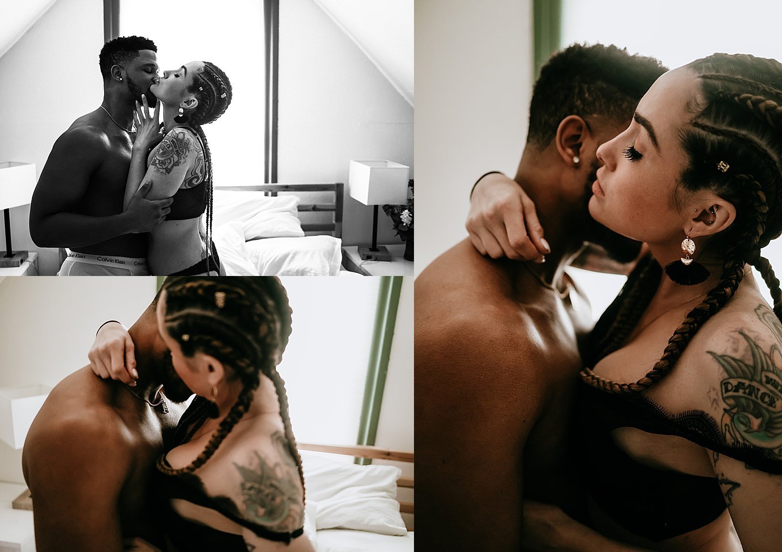  Man kissing woman’s neck for intimate photo shoot in airbnb  
