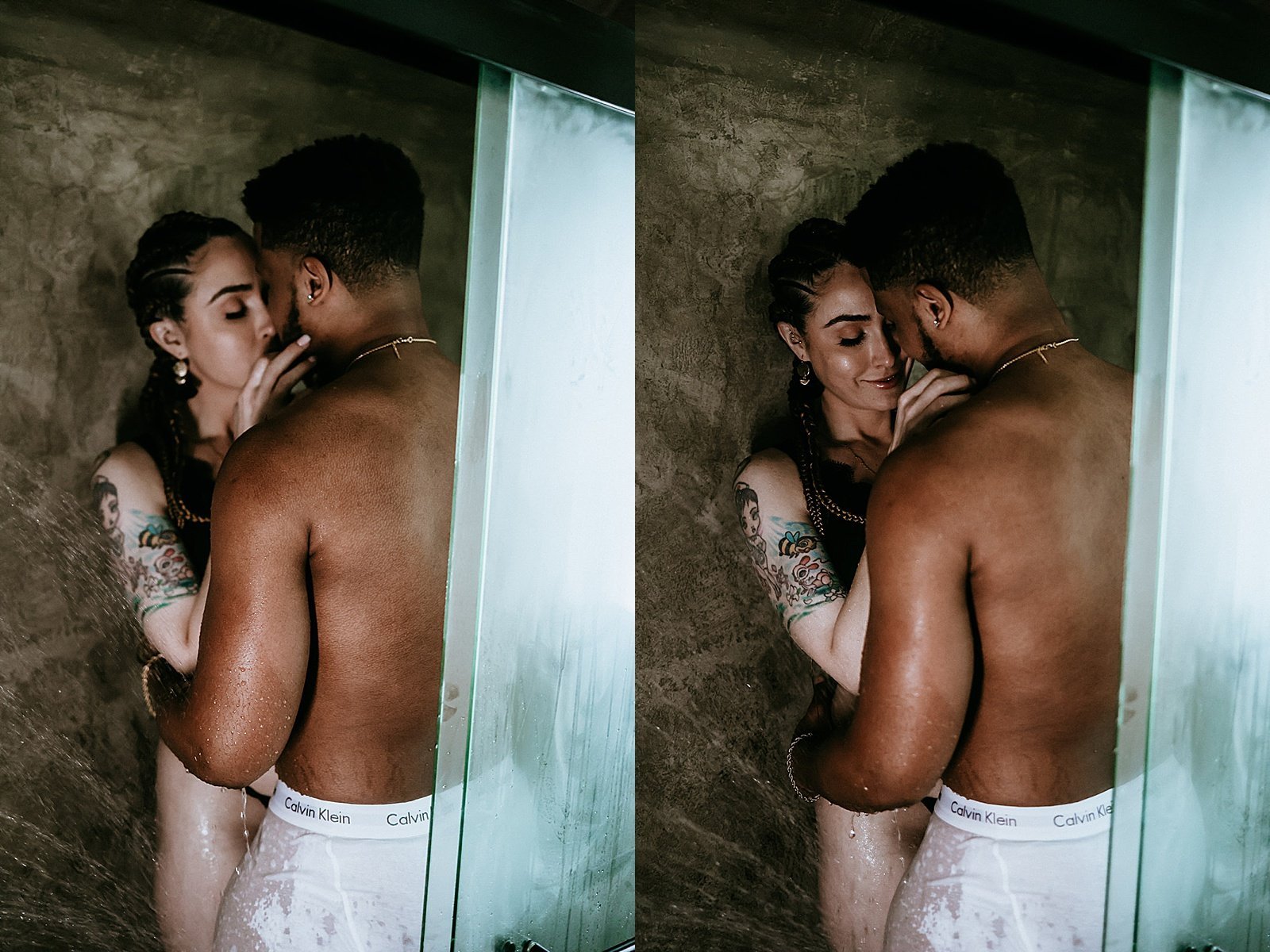  Man and woman hugging in a shower for intimate couples photo shoot 