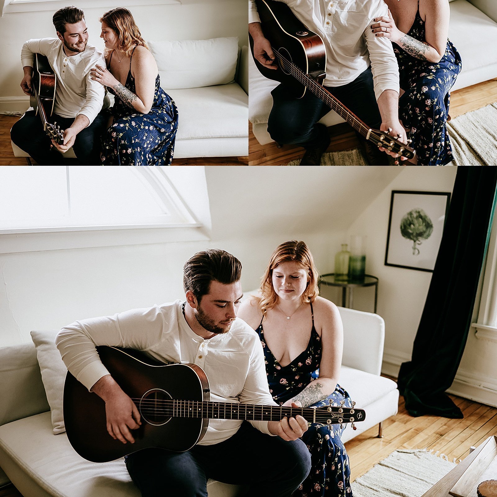  couple playing the guitar at their in-home couple session 